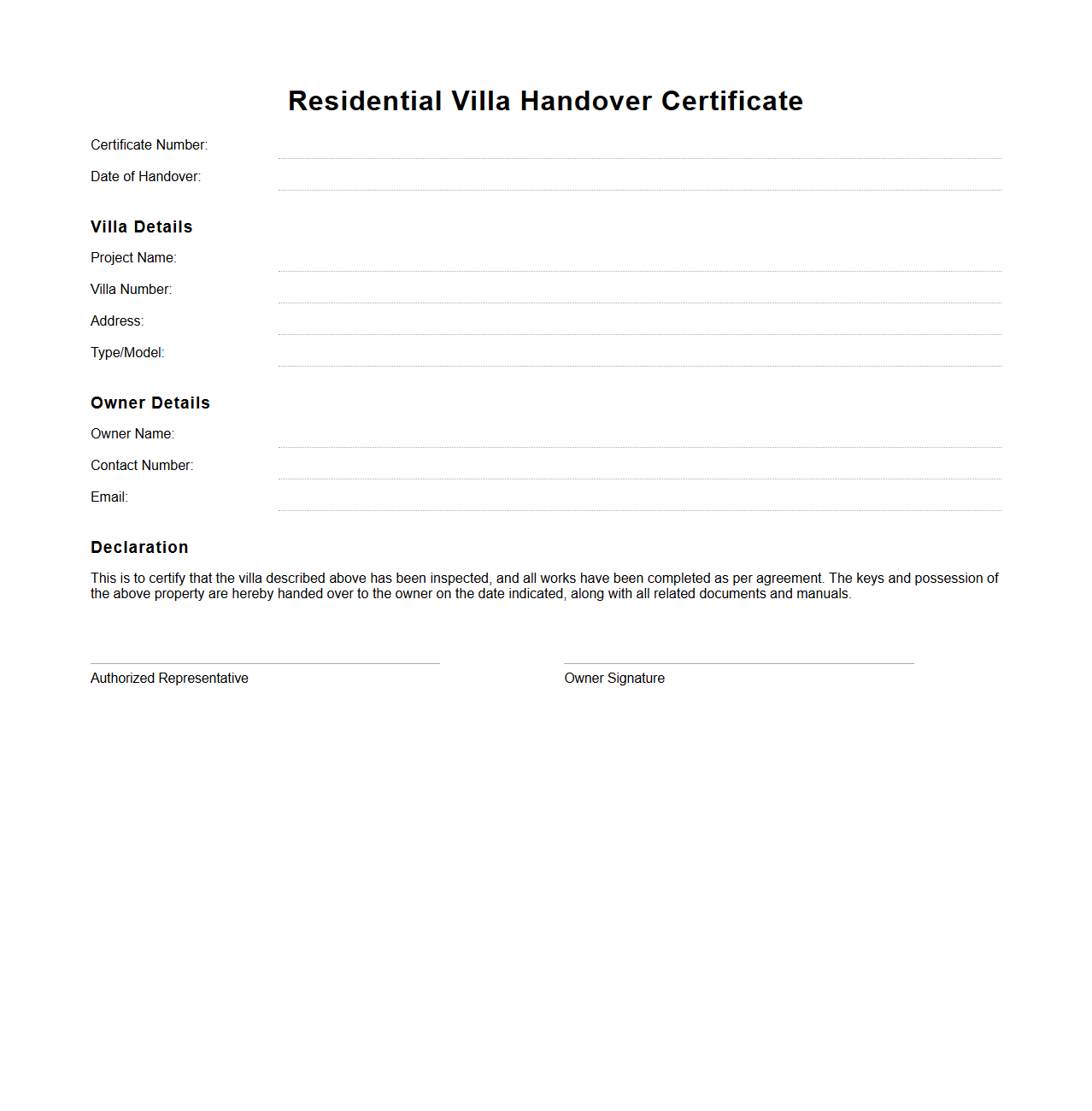 Residential Villa Handover Certificate Example