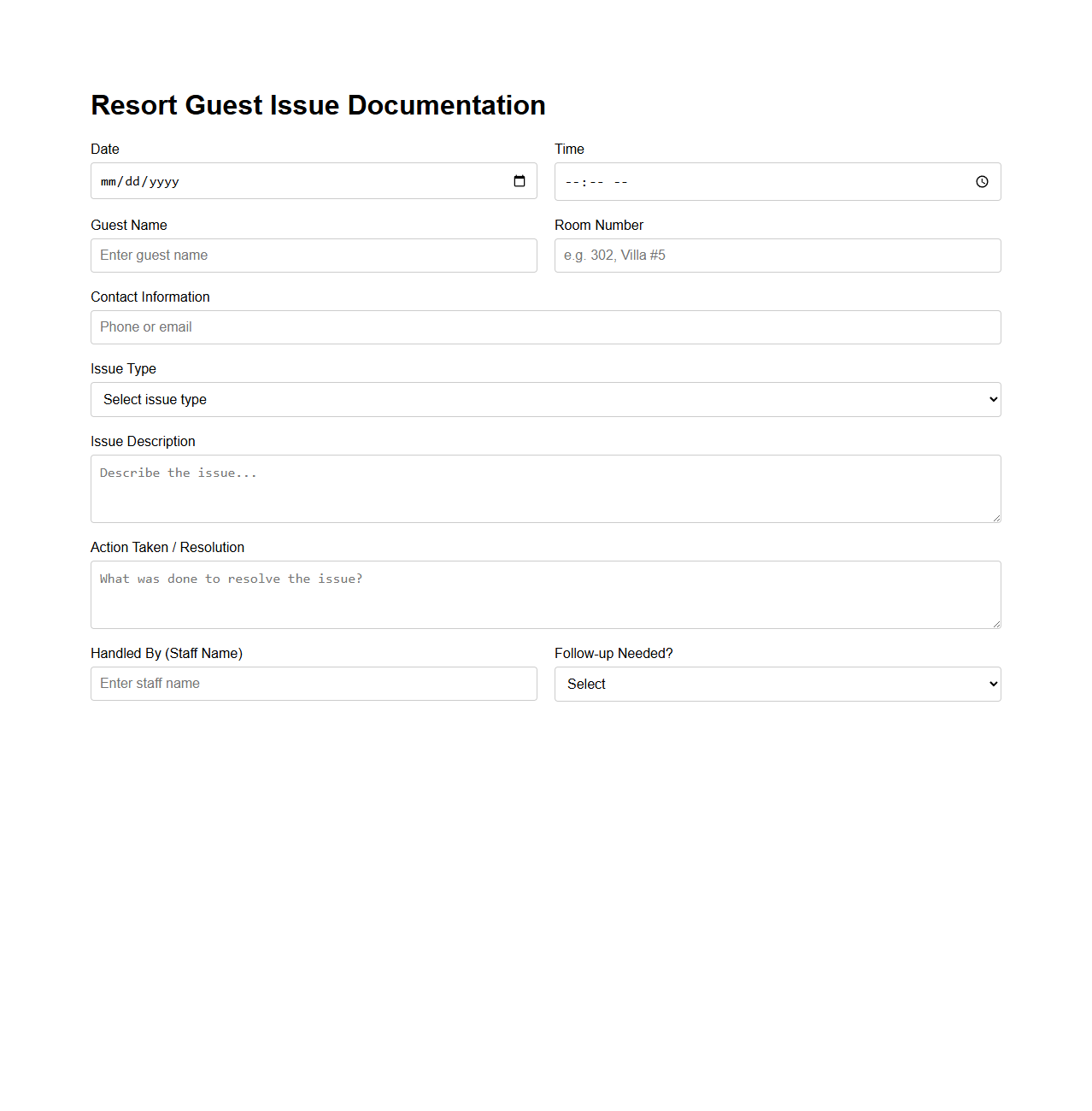 Resort Guest Issue Documentation Sample