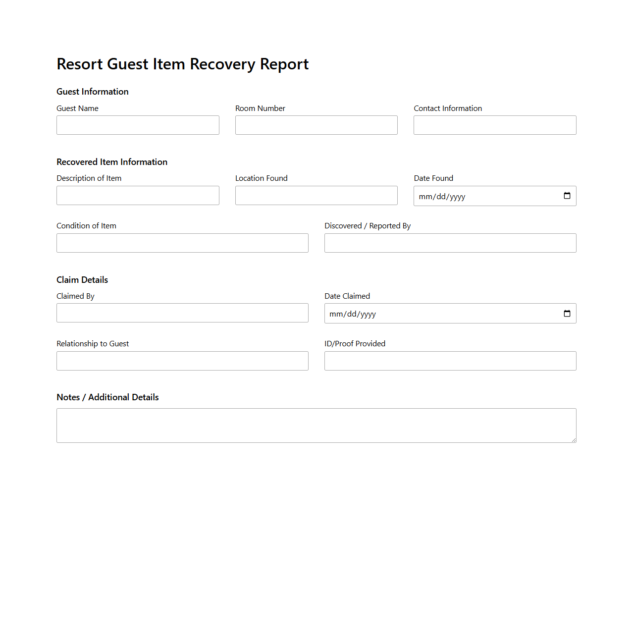 Resort Guest Item Recovery Report Template