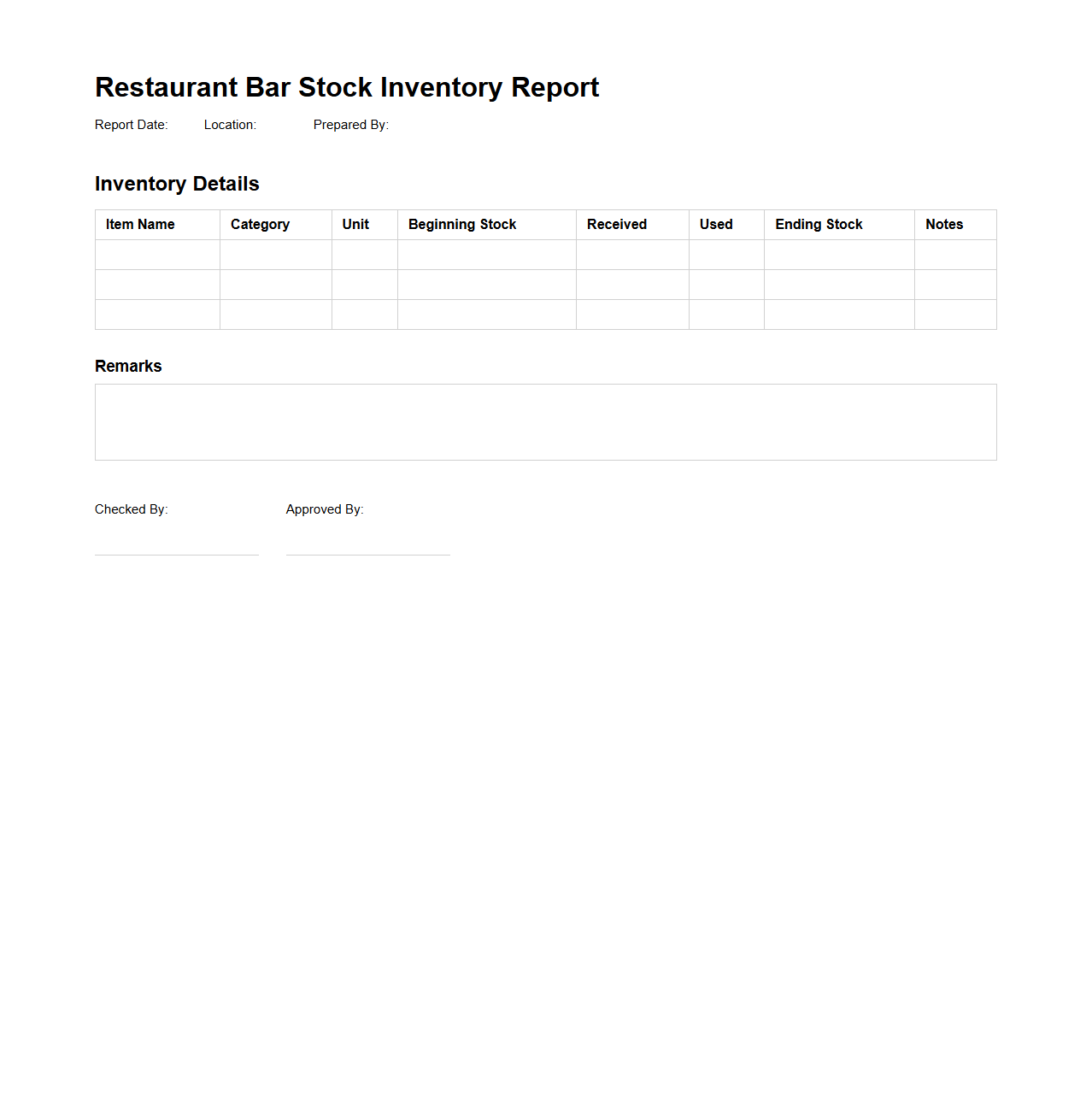 Restaurant Bar Stock Inventory Report