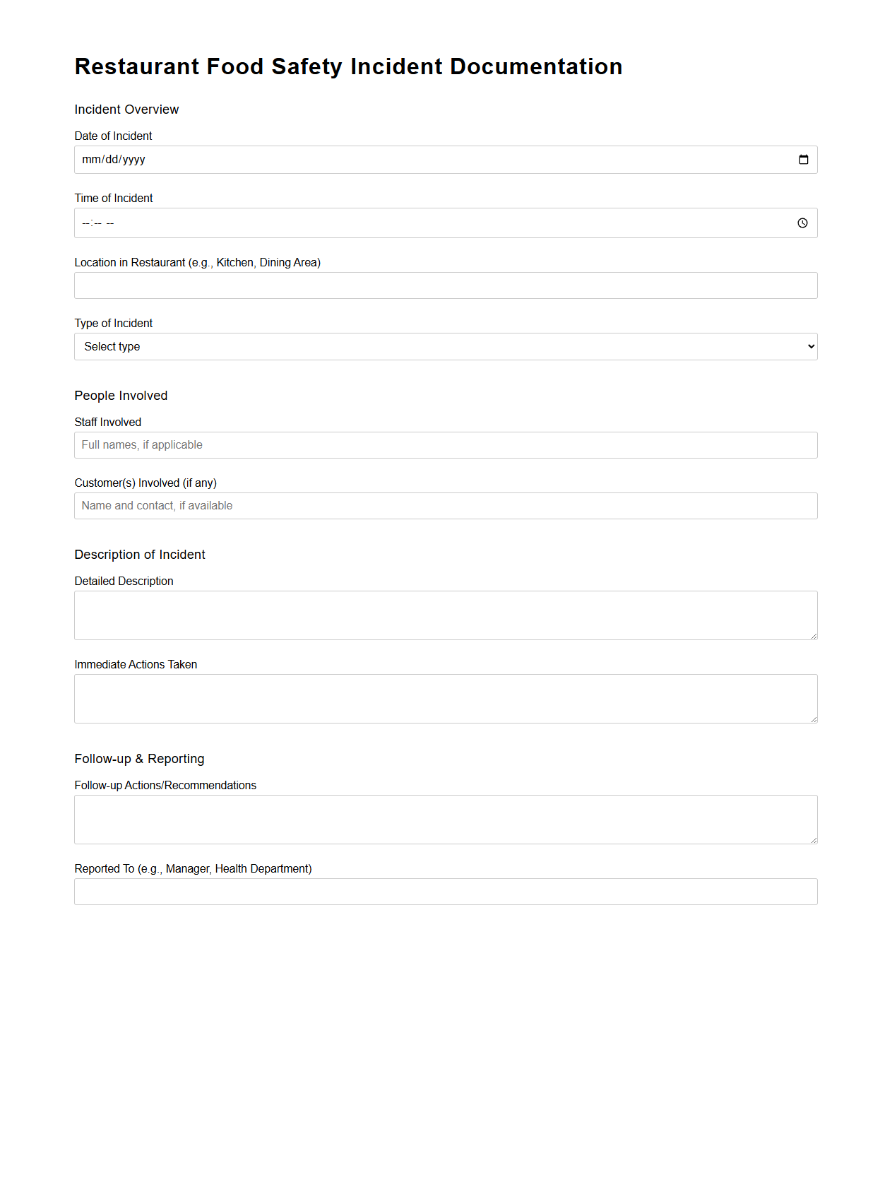 Restaurant Food Safety Incident Documentation