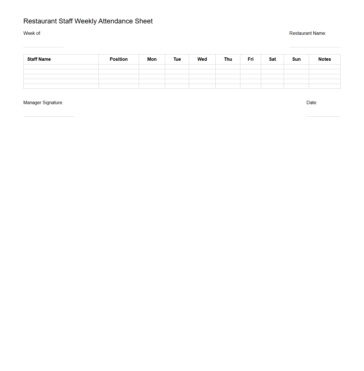 Restaurant Staff Weekly Attendance Sheet