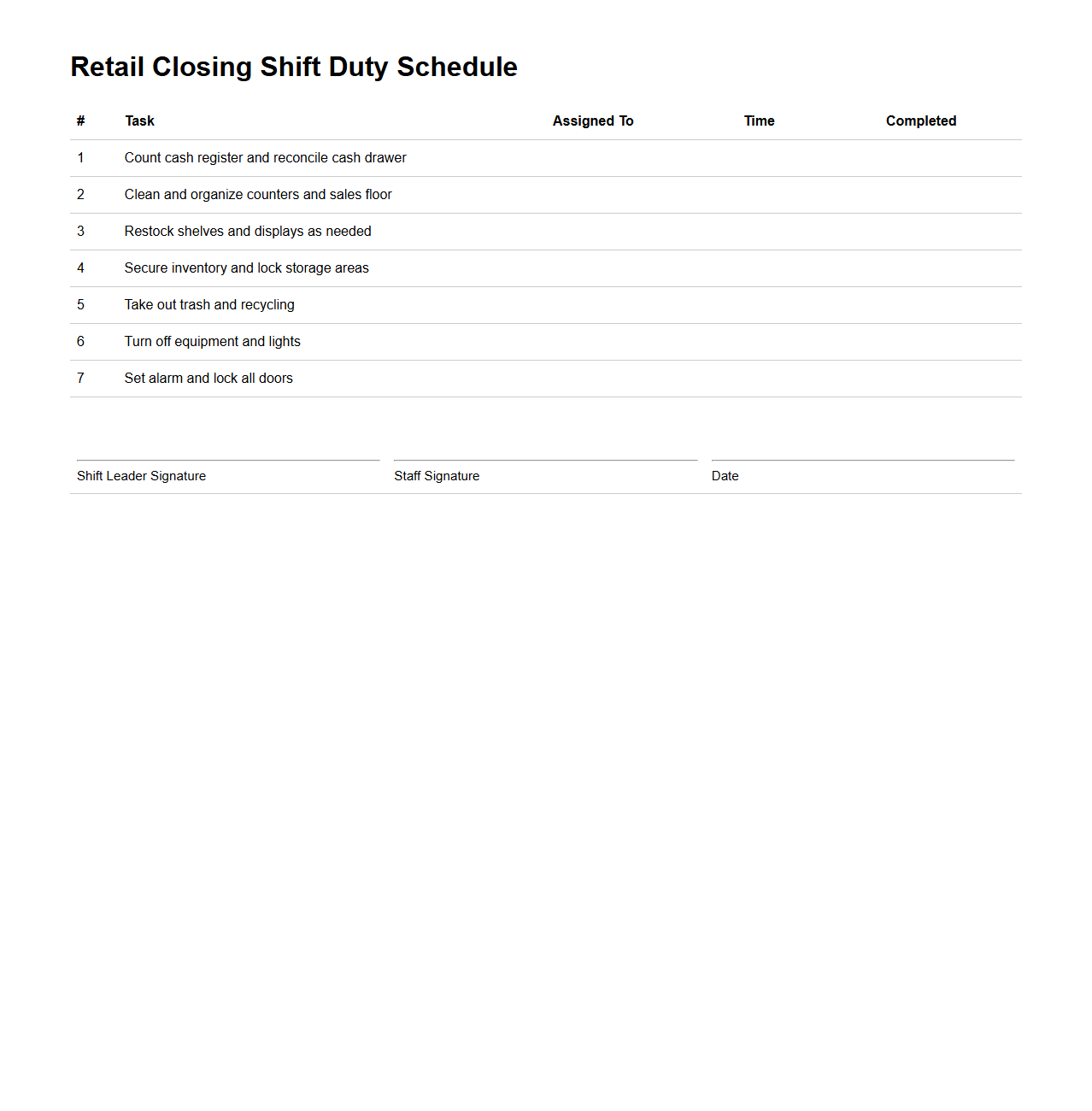 Retail Closing Shift Duty Schedule