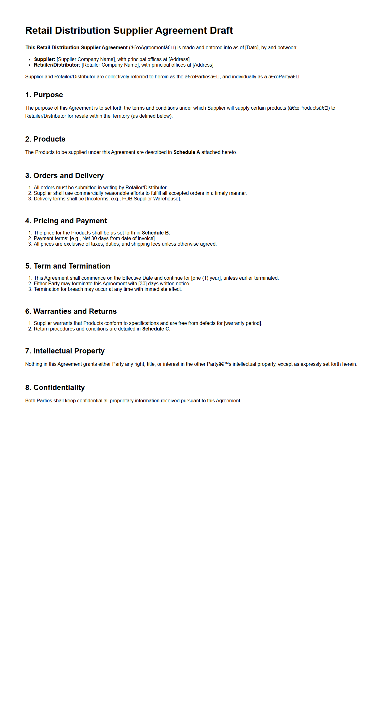 Retail Distribution Supplier Agreement Draft