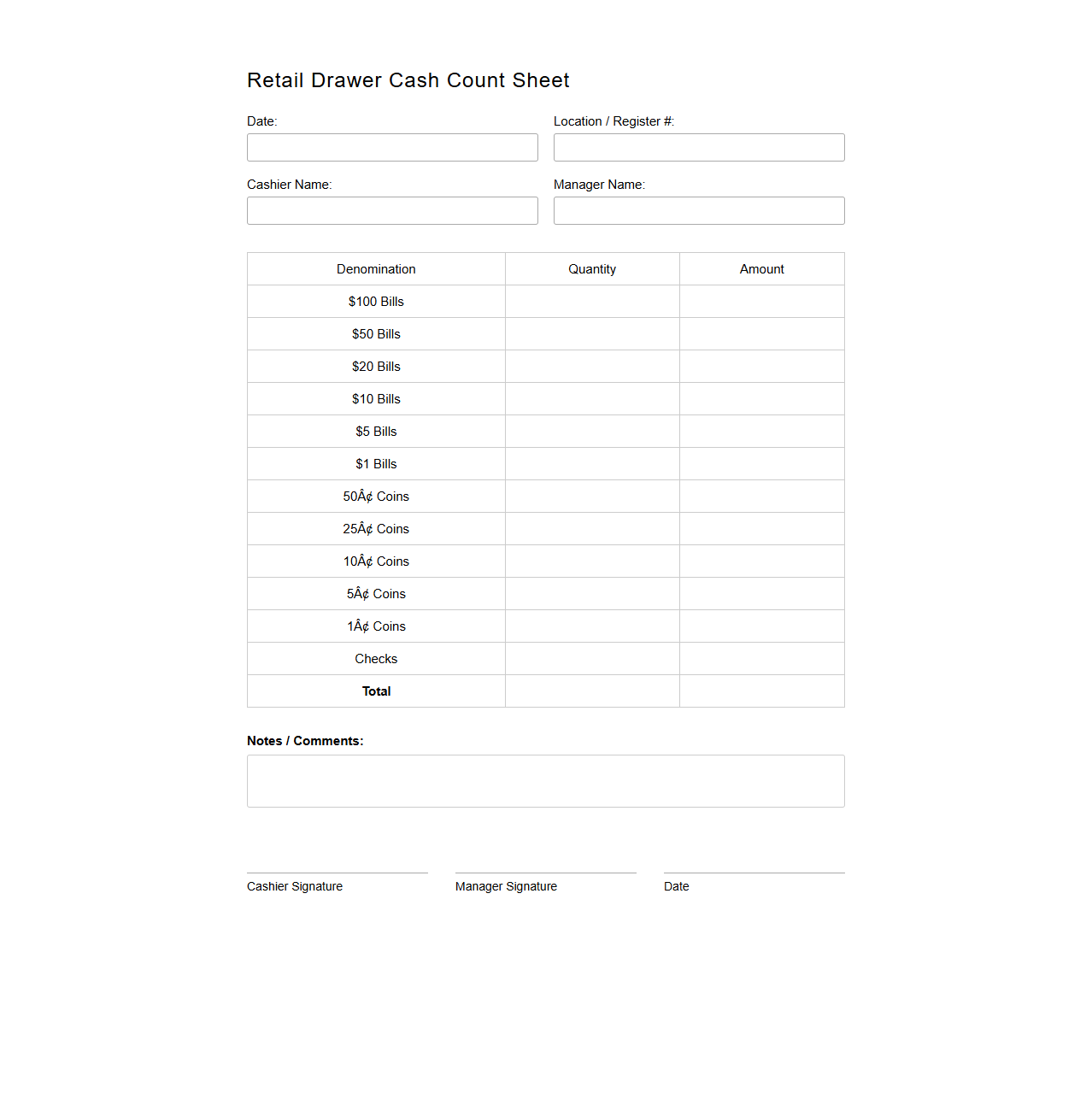 Retail Drawer Cash Count Sheet