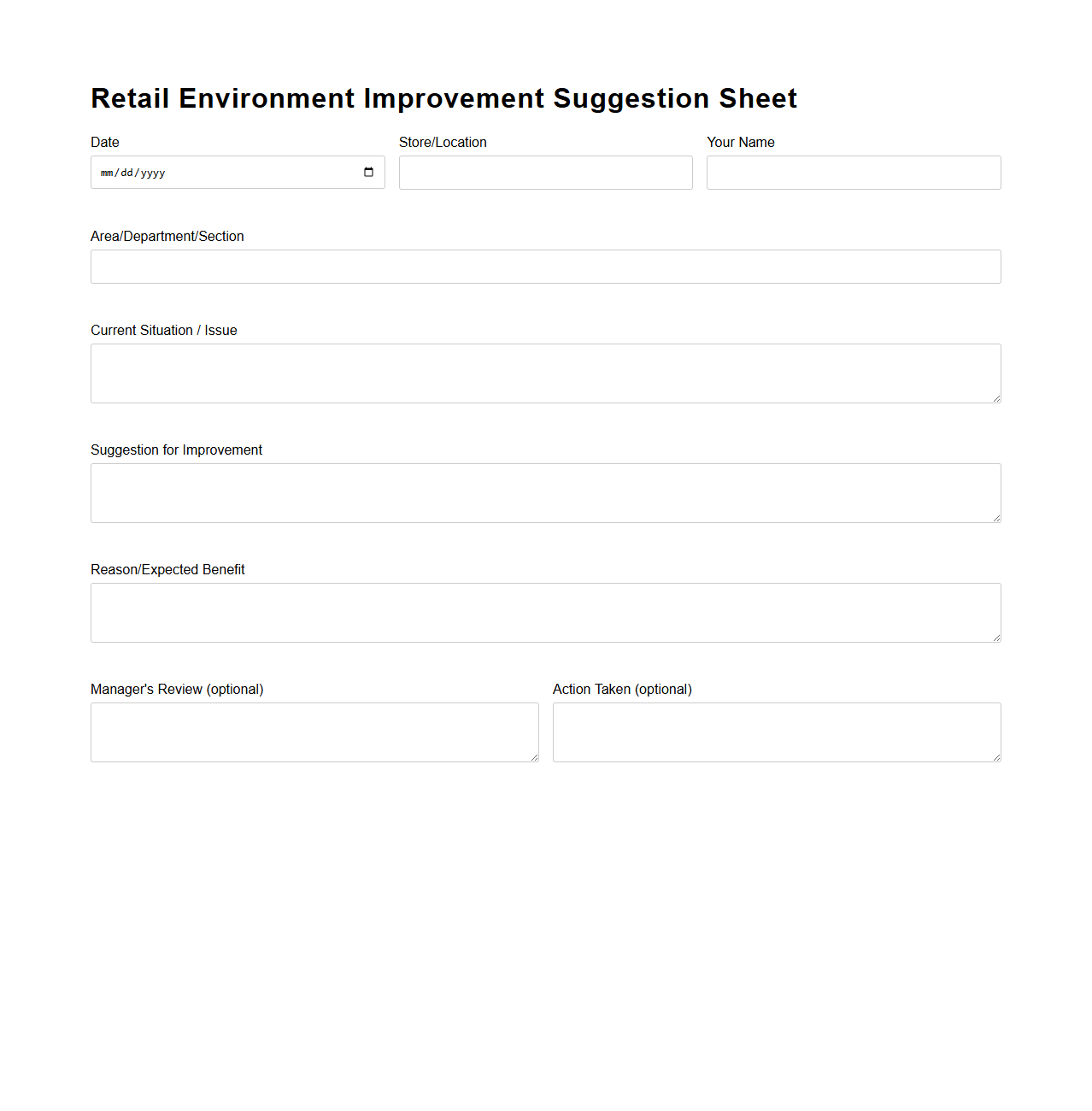 Retail Environment Improvement Suggestion Sheet