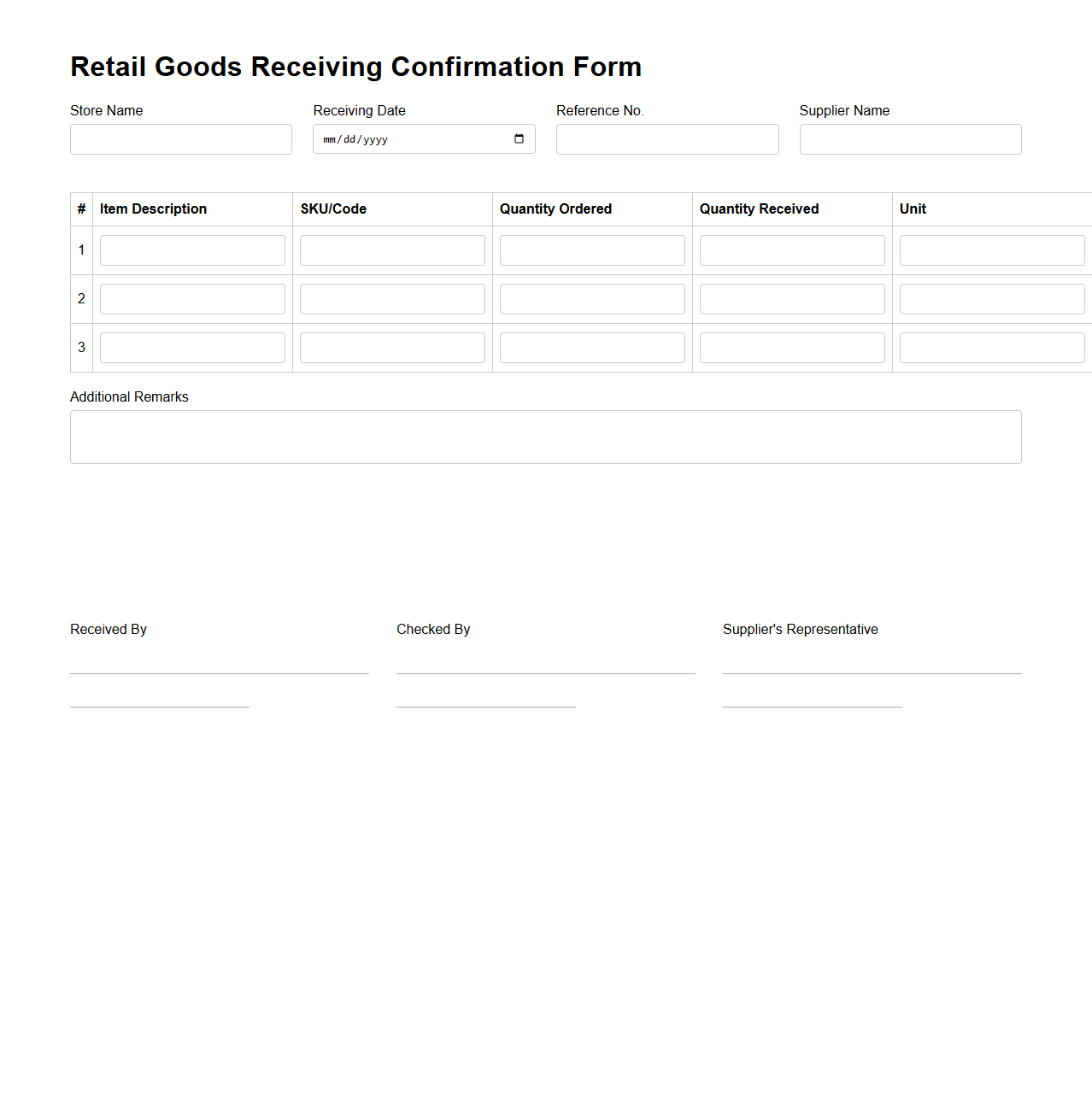 Retail Goods Receiving Confirmation Form