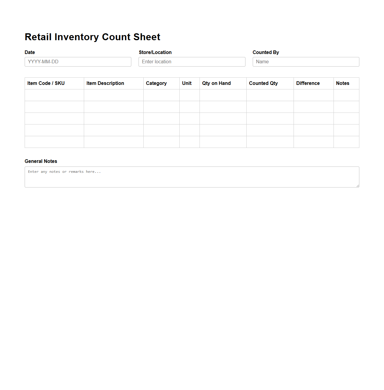 Retail Inventory Count Sheet Template