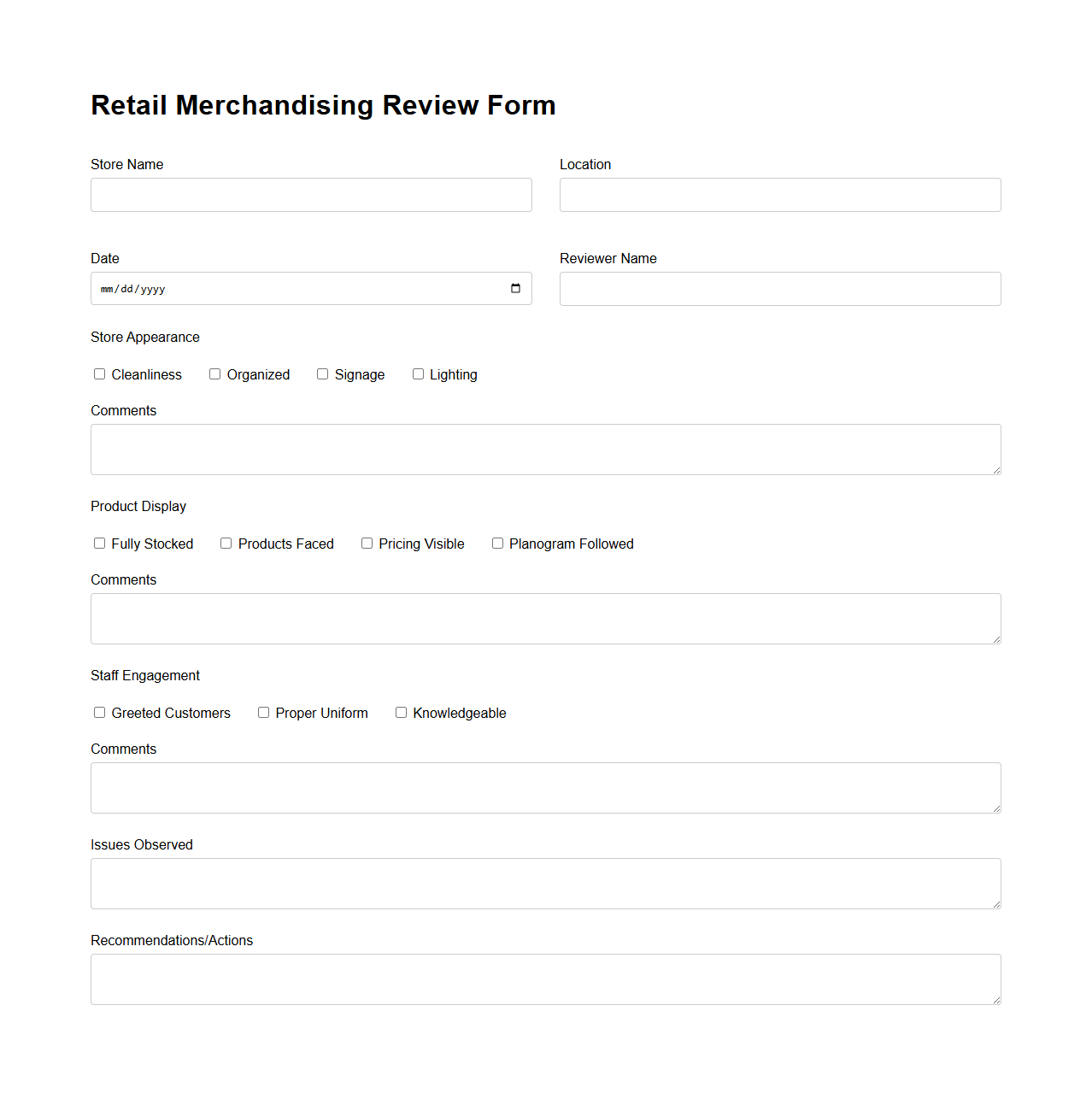 Retail Merchandising Review Form