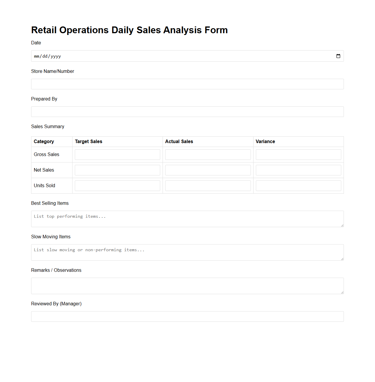 Retail Operations Daily Sales Analysis Form