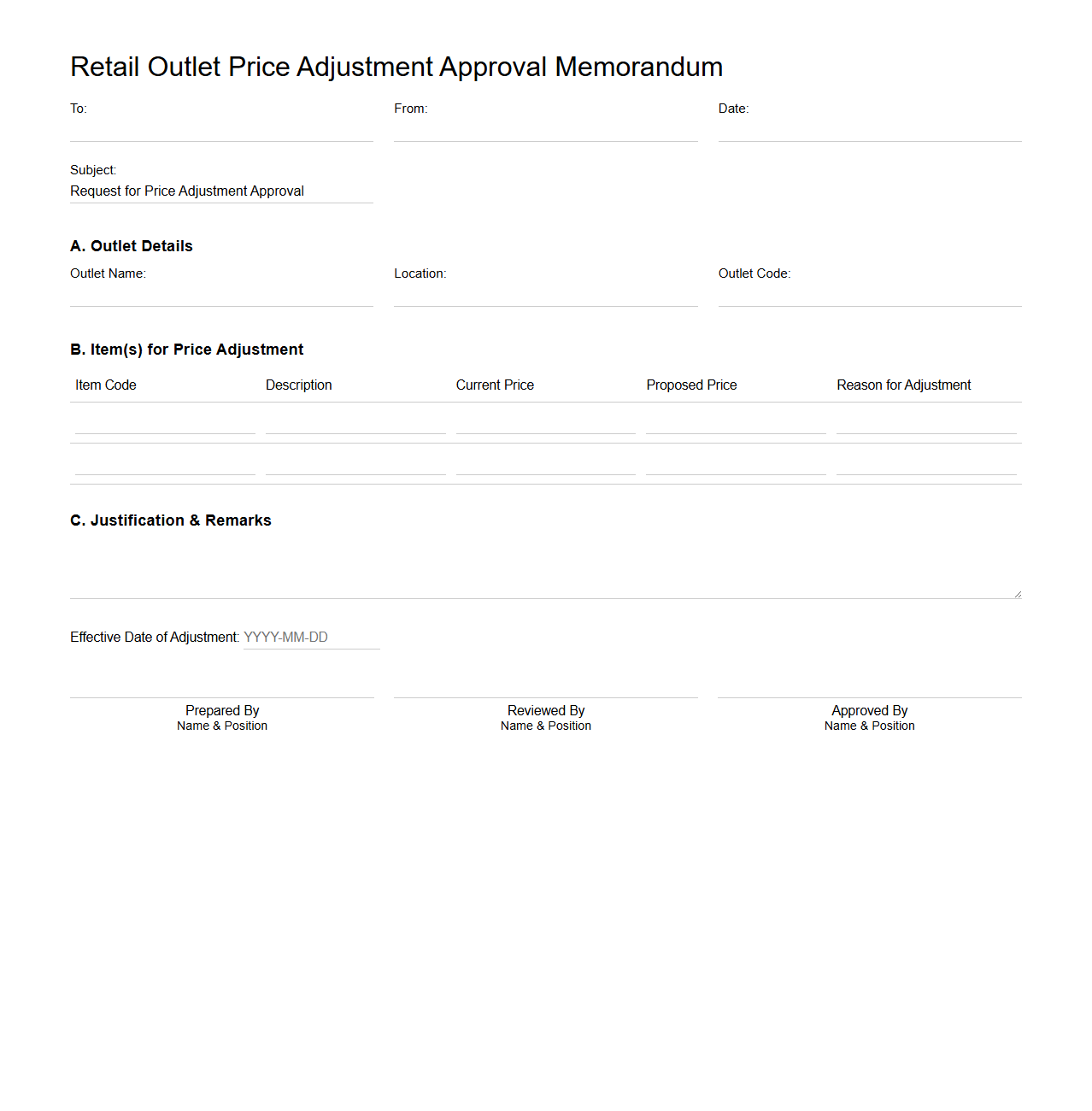 Retail Outlet Price Adjustment Approval Memorandum