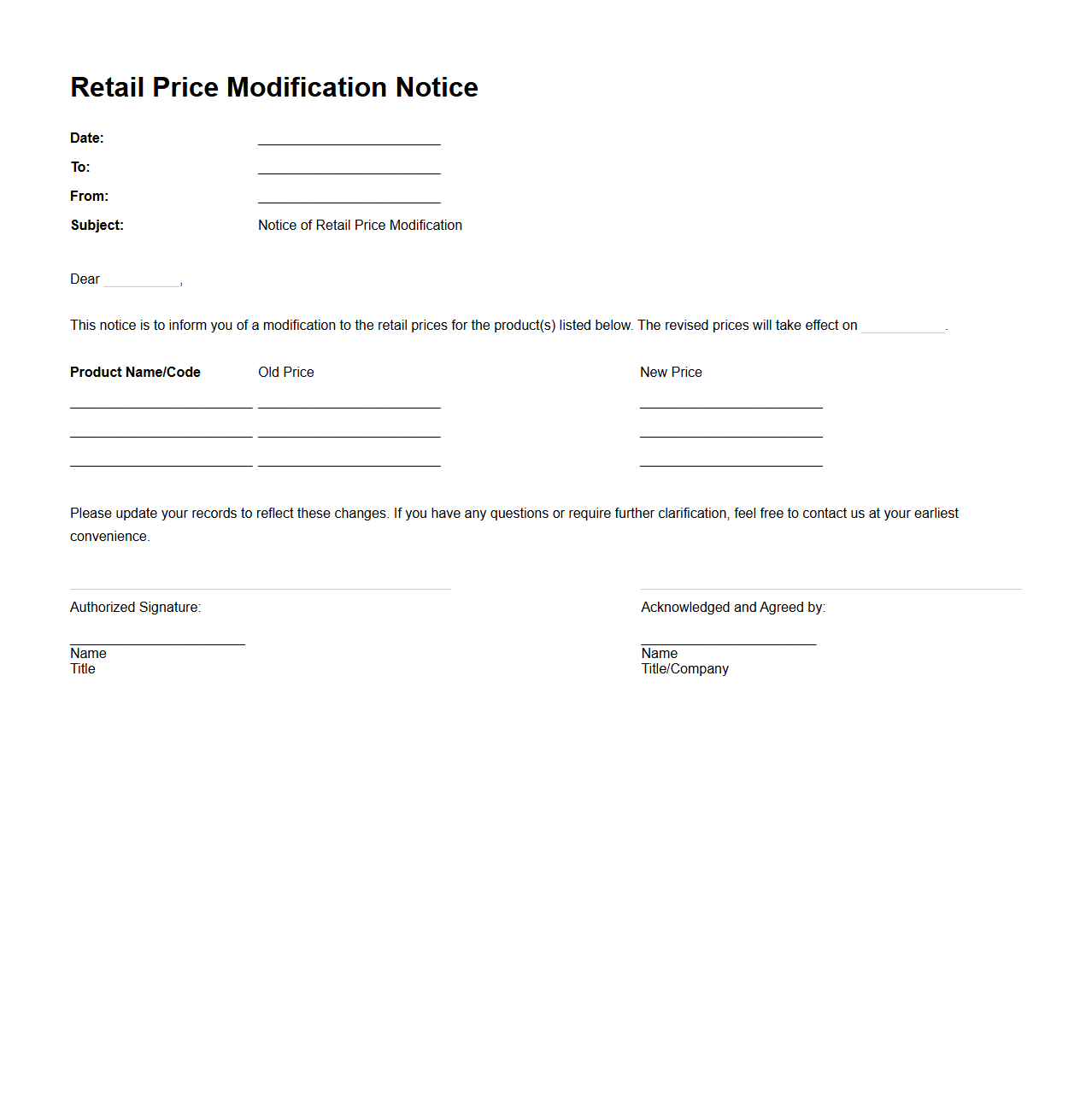 Retail Price Modification Notice Template