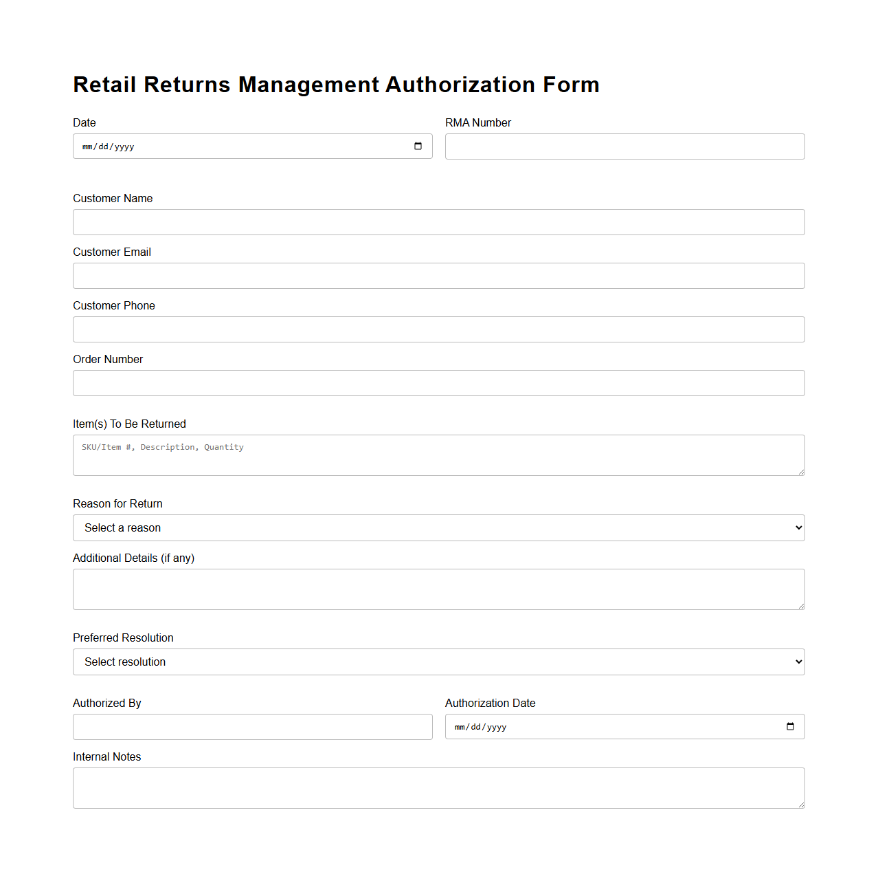 Retail Returns Management Authorization Form