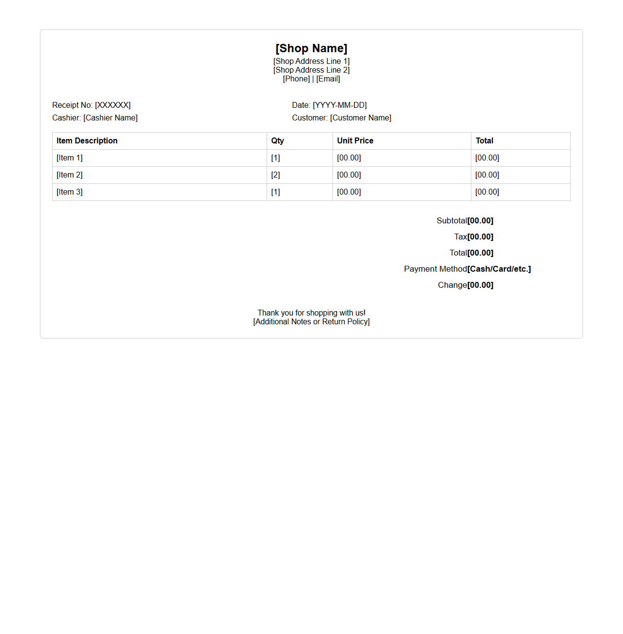 Retail Shop Sales Receipt Template