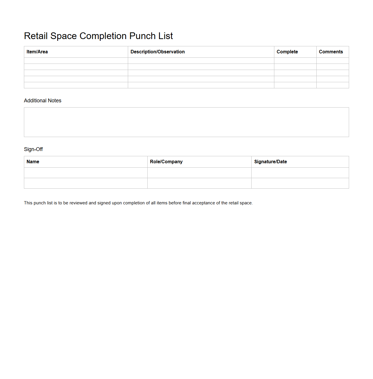 Retail Space Completion Punch List