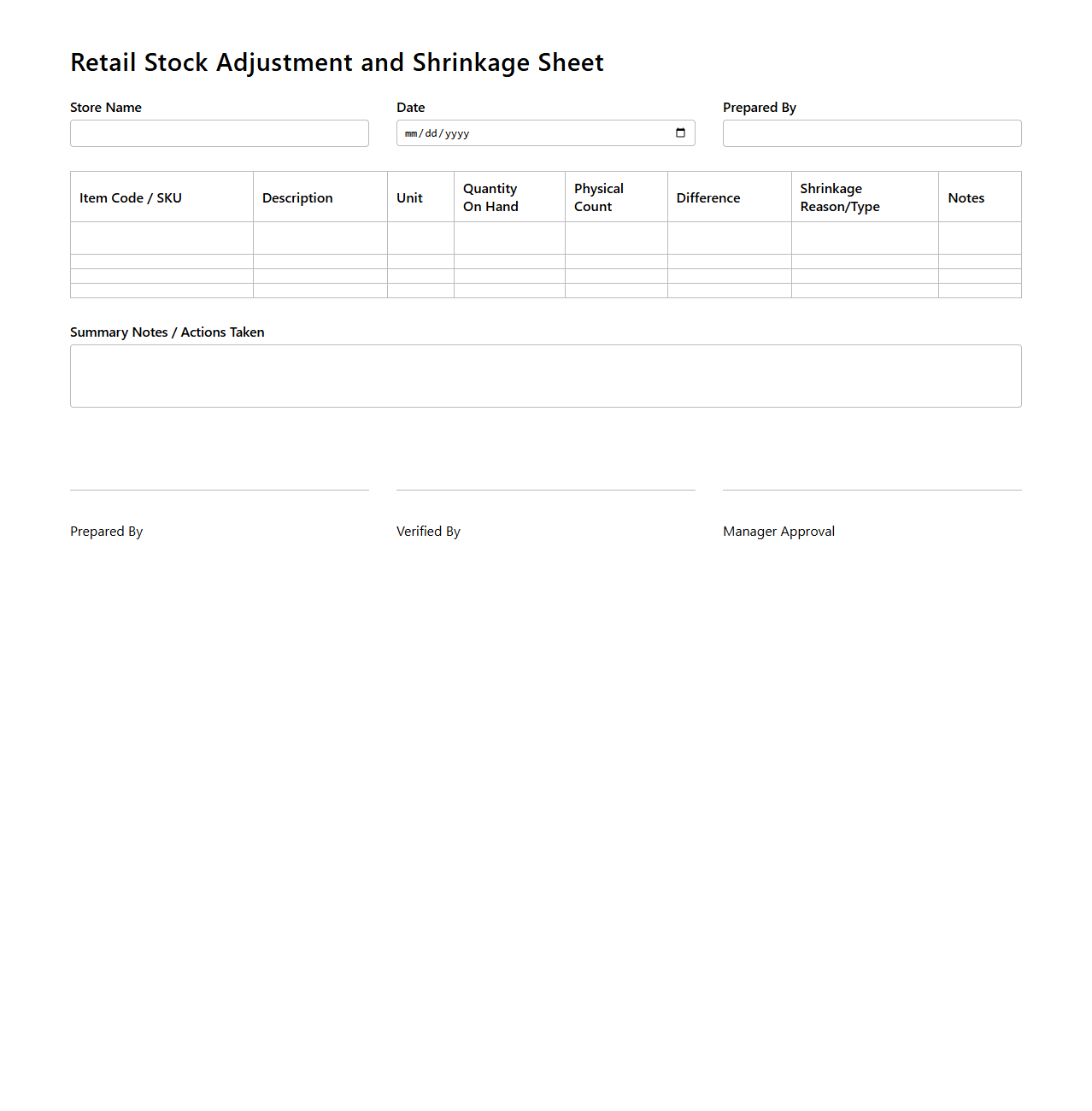 Retail Stock Adjustment and Shrinkage Sheet