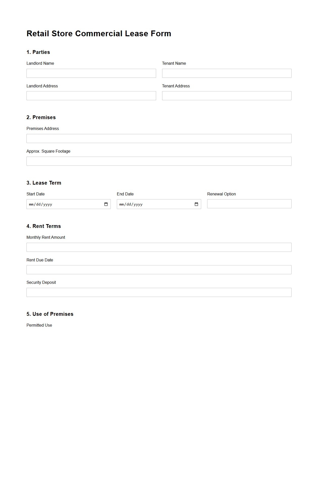 Retail Store Commercial Lease Form