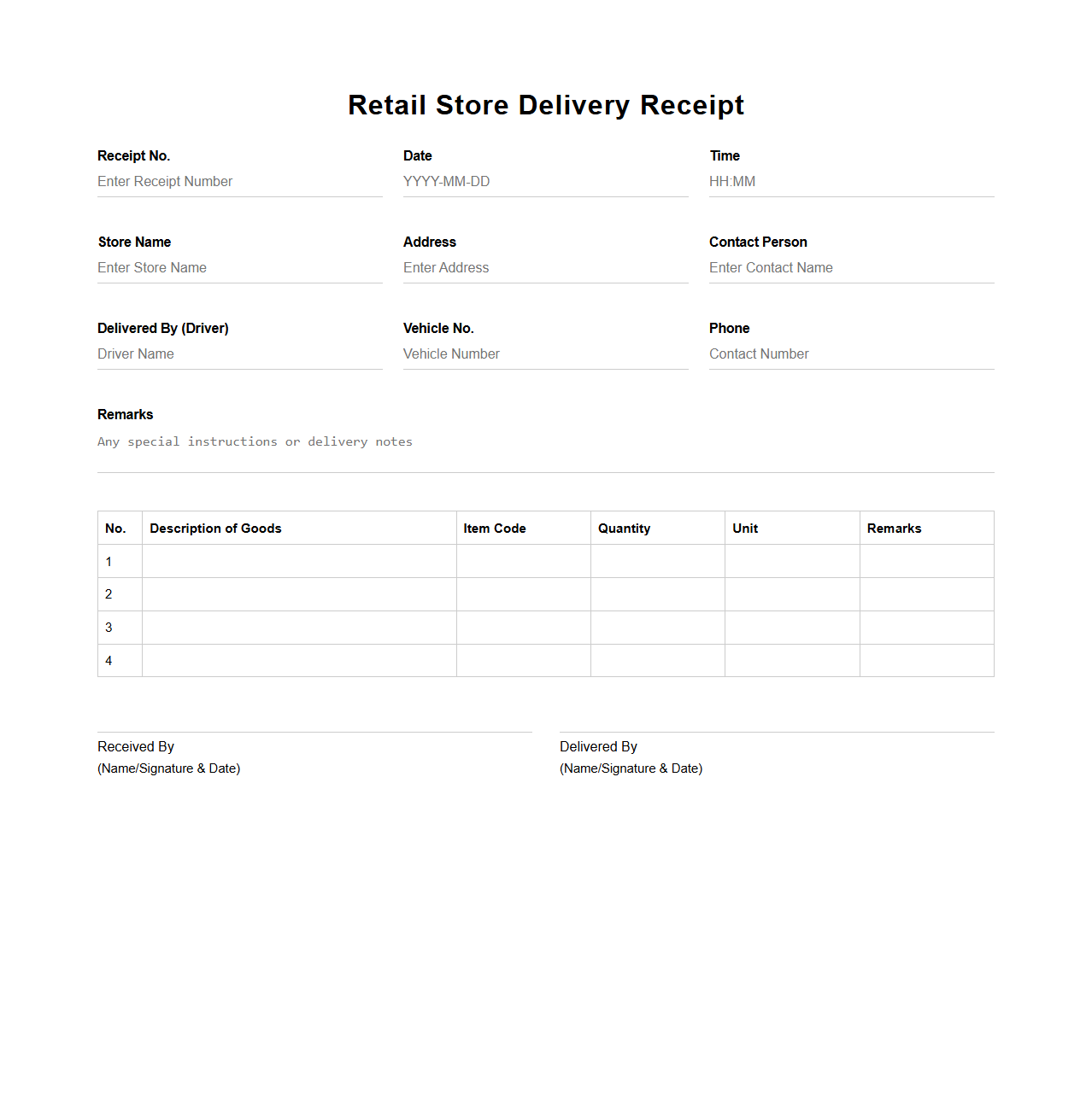 Retail Store Delivery Receipt Template