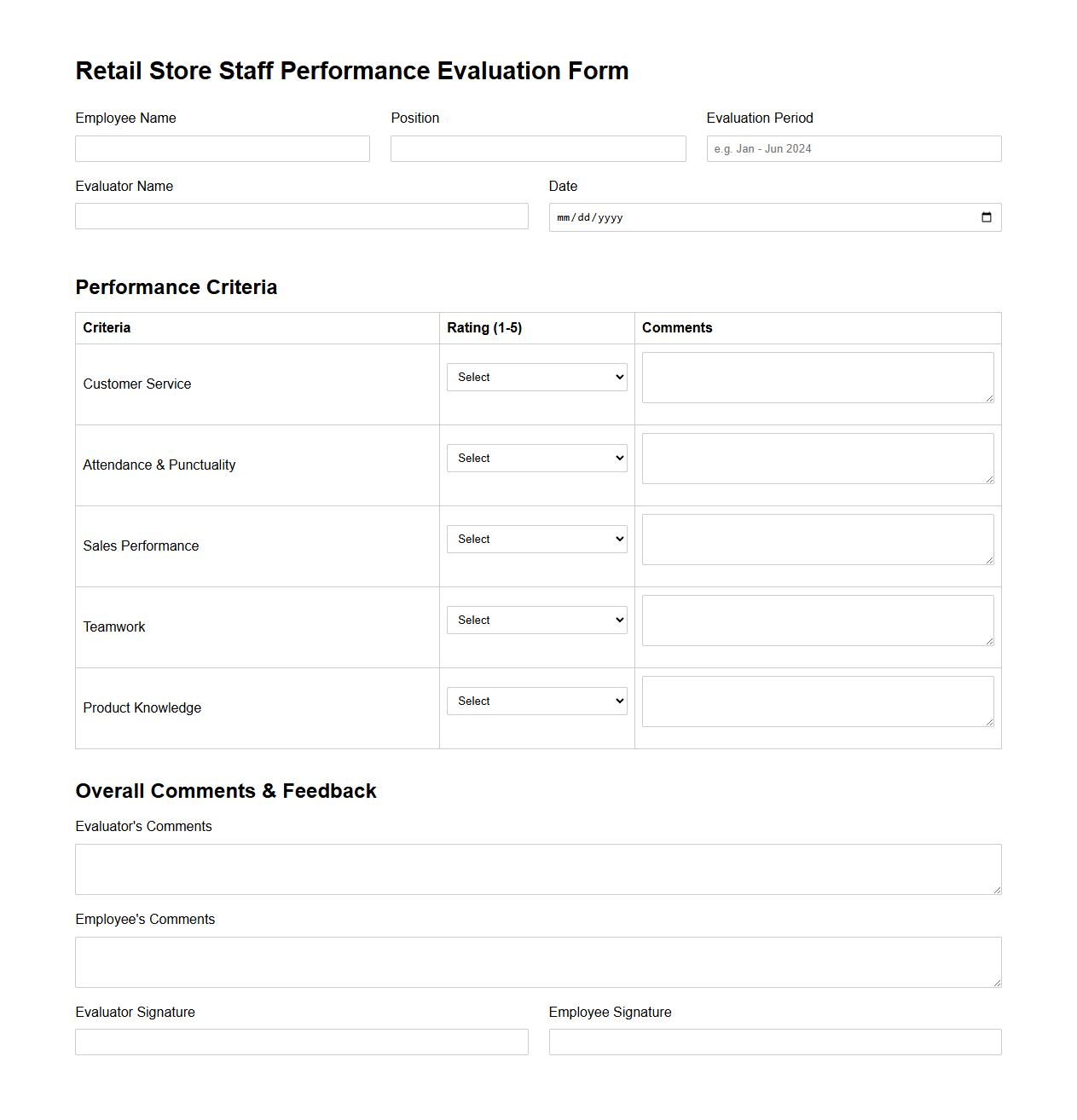 Retail Store Staff Performance Evaluation Form