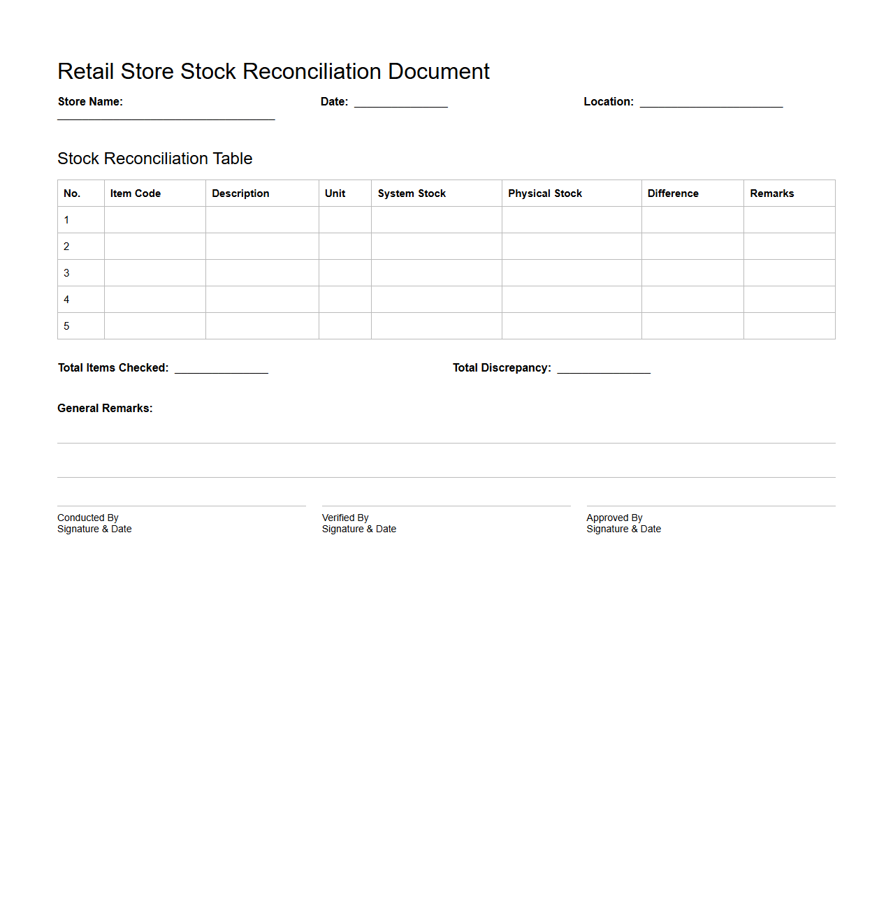 Retail Store Stock Reconciliation Document