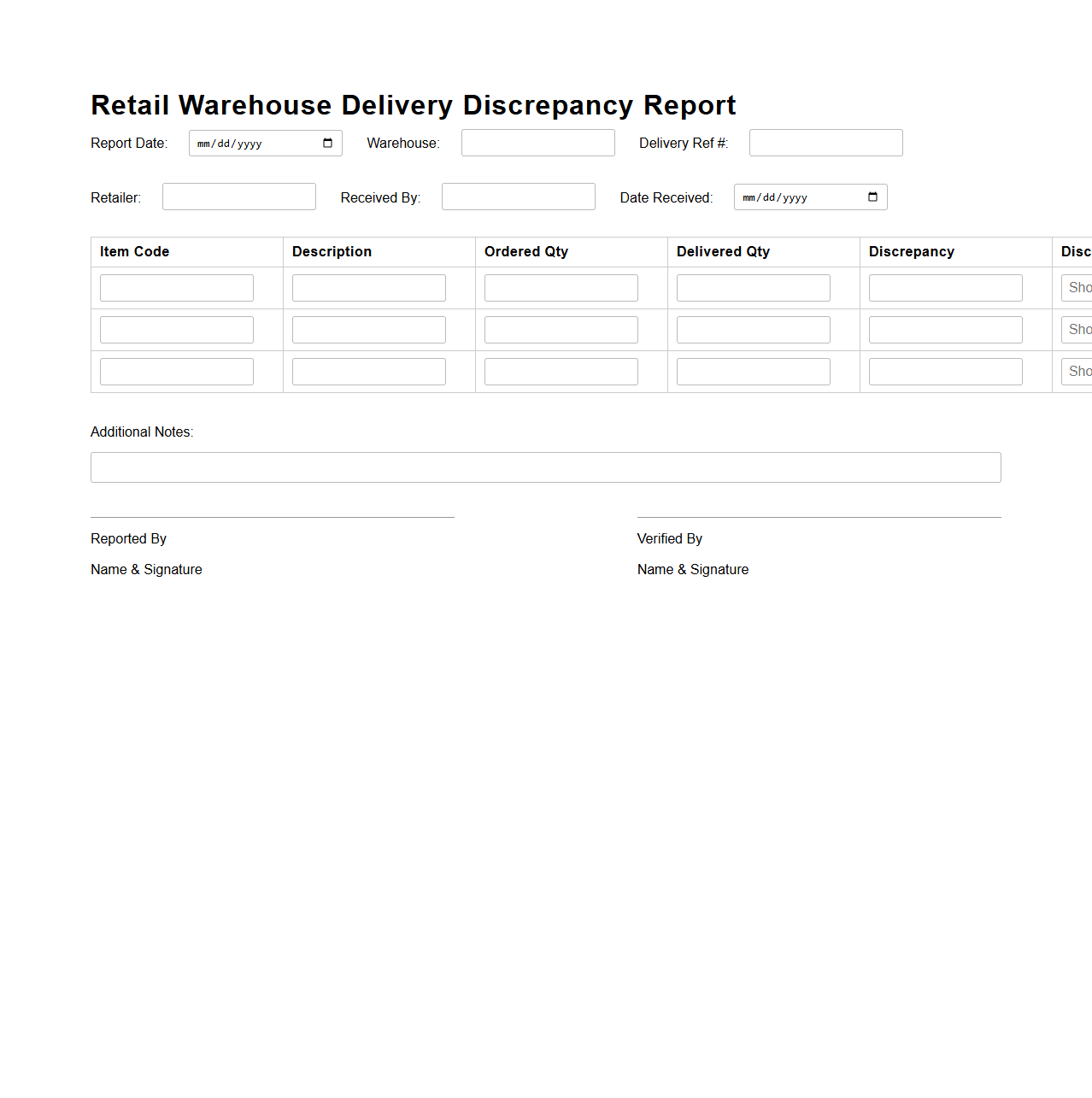 Retail Warehouse Delivery Discrepancy Report