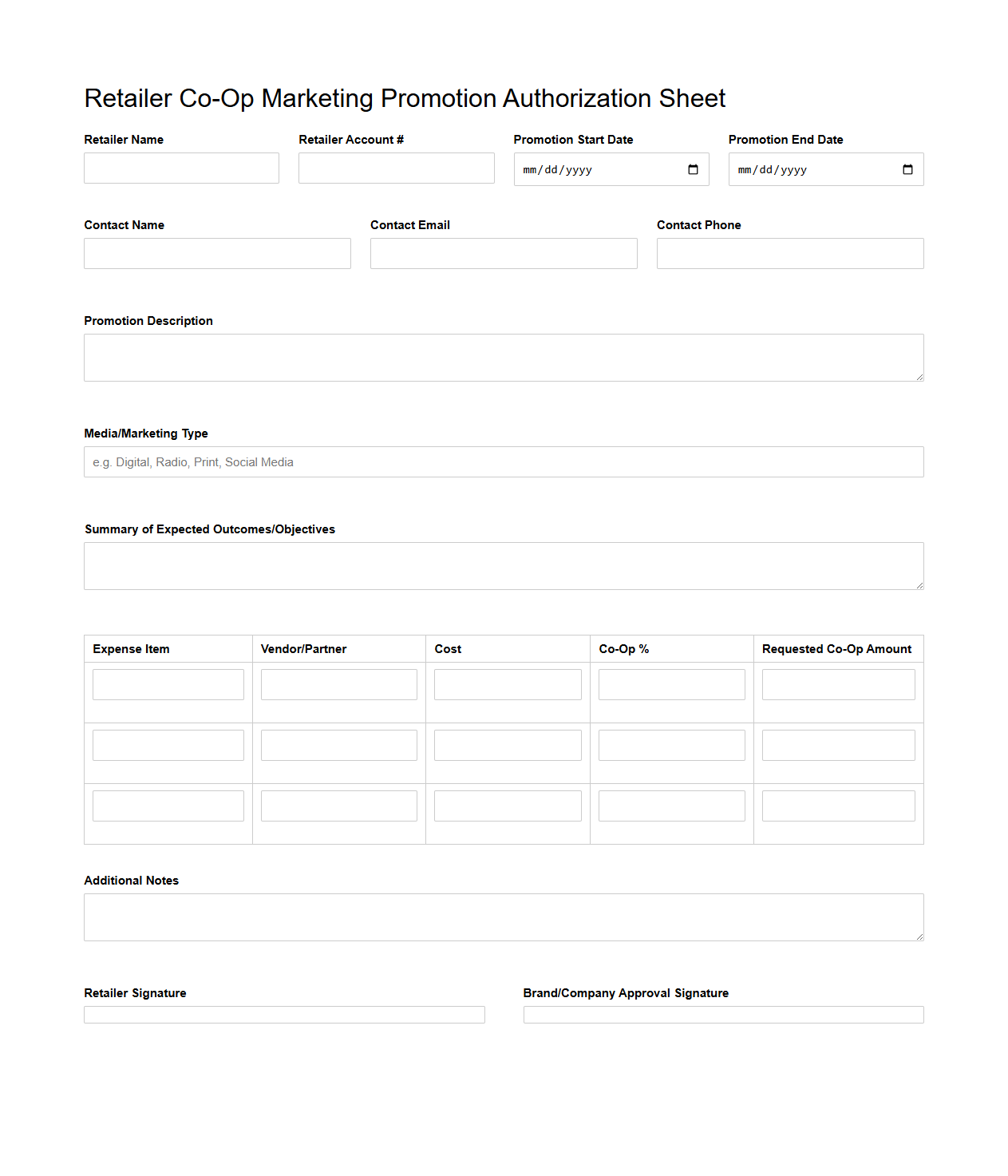 Retailer Co-Op Marketing Promotion Authorization Sheet