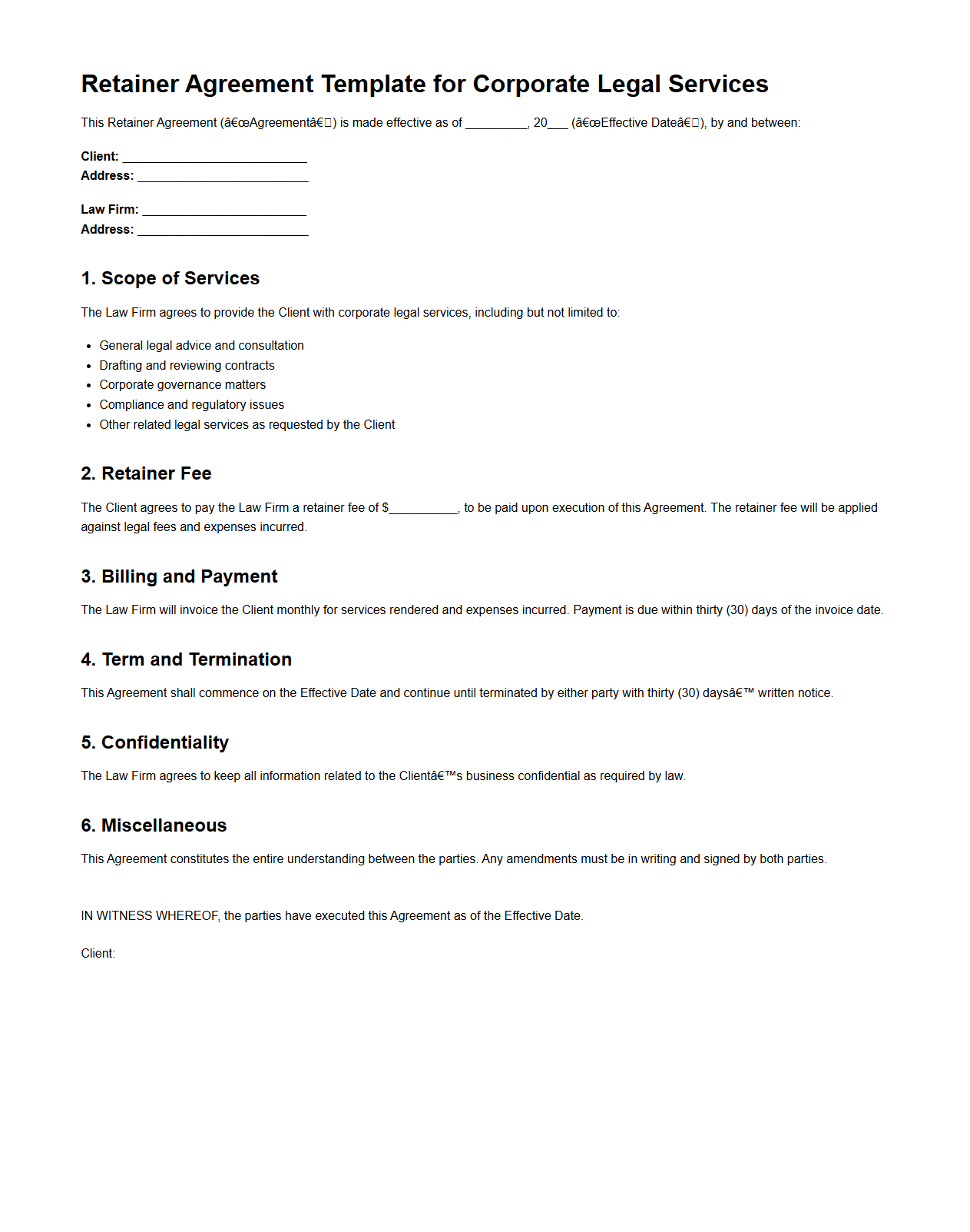 Retainer Agreement Template for Corporate Legal Services