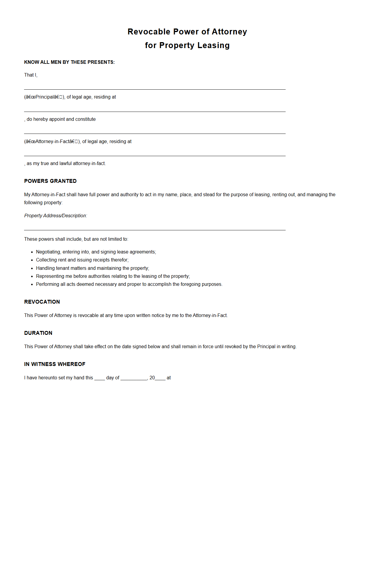 Revocable Power of Attorney for Property Leasing