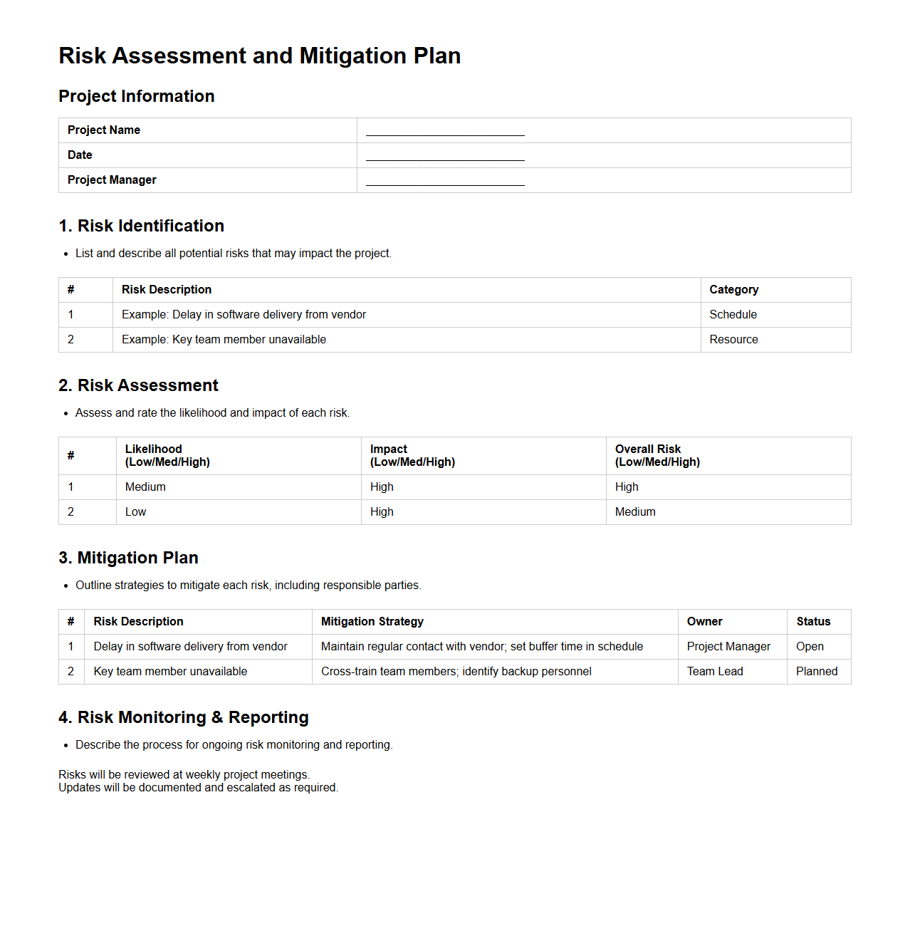 Risk Assessment and Mitigation Plan Example