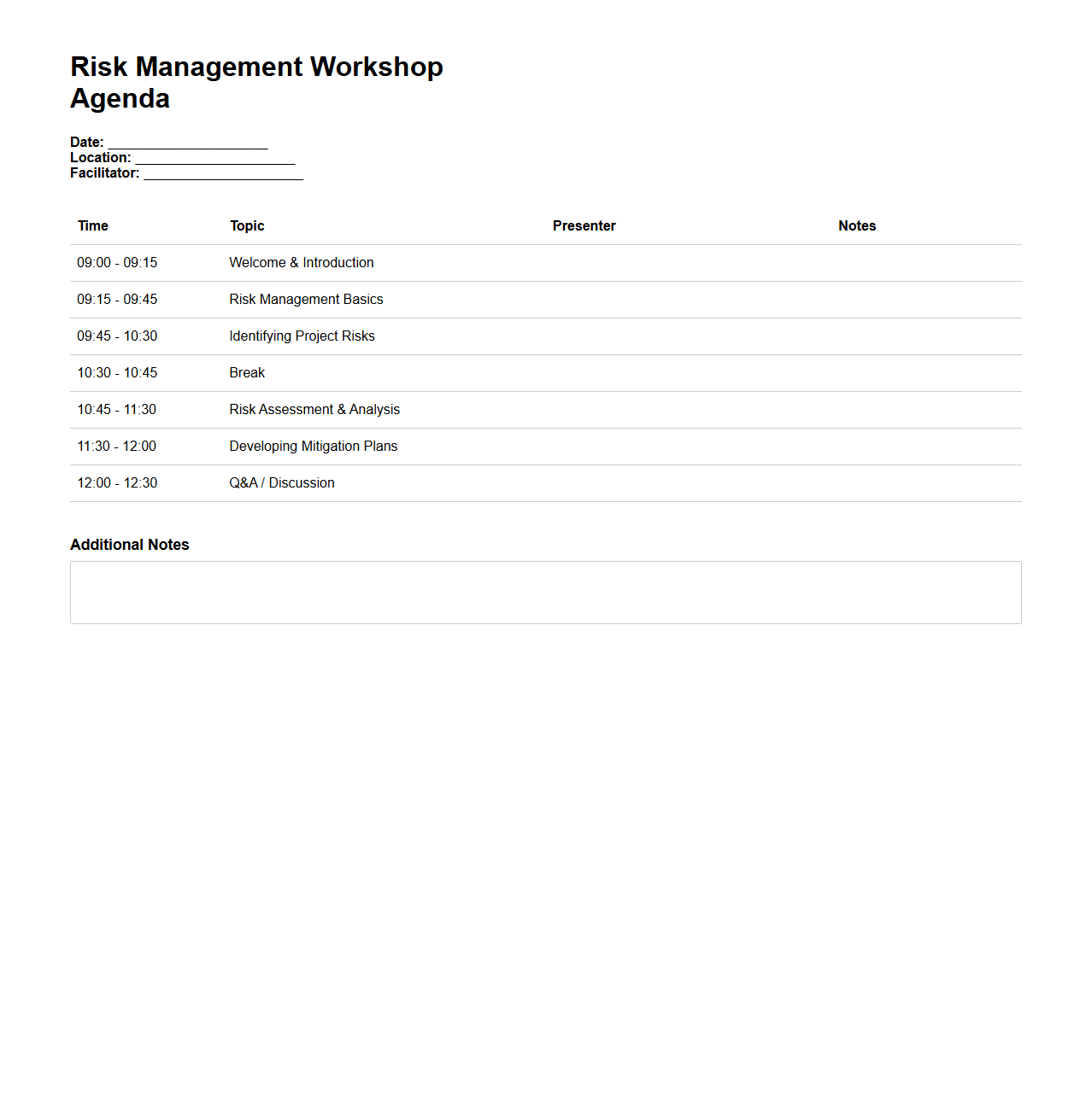Risk Management Workshop Agenda Layout