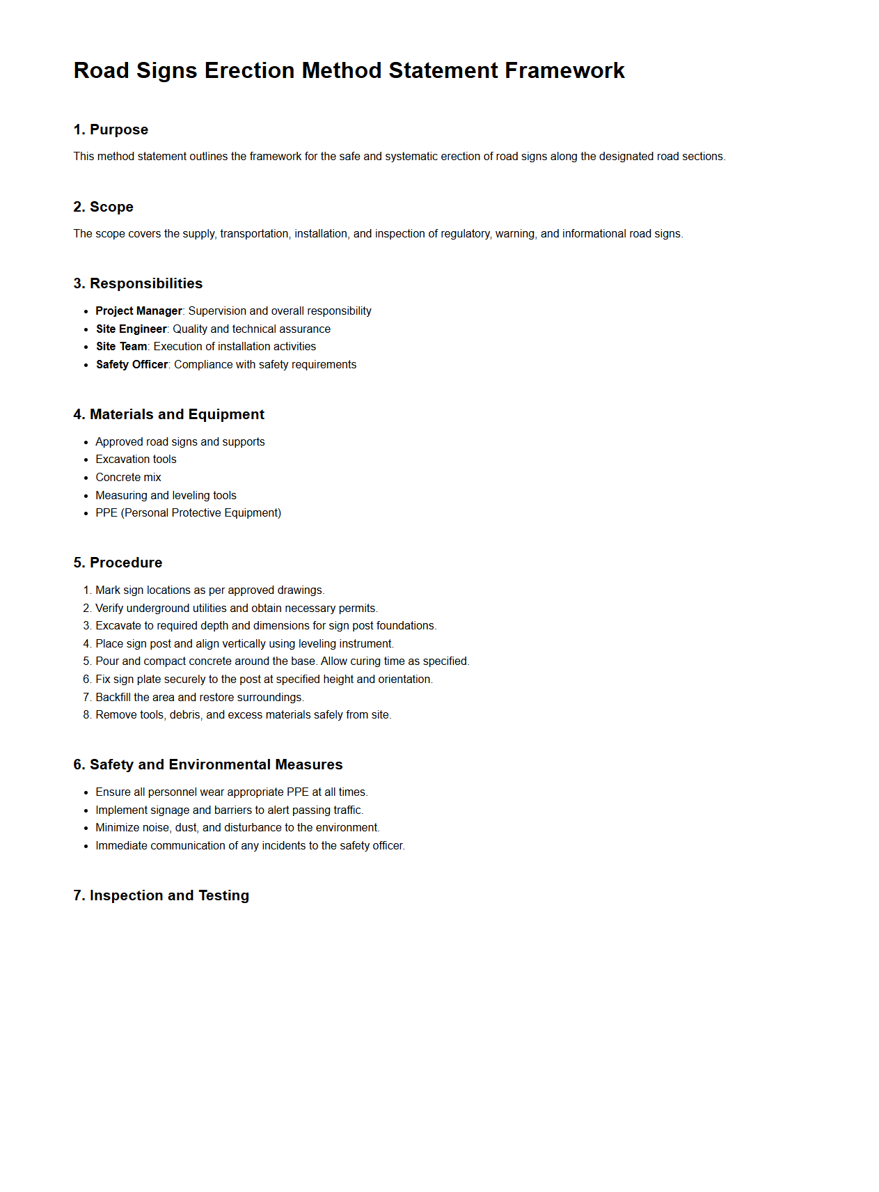 Road Signs Erection Method Statement Framework
