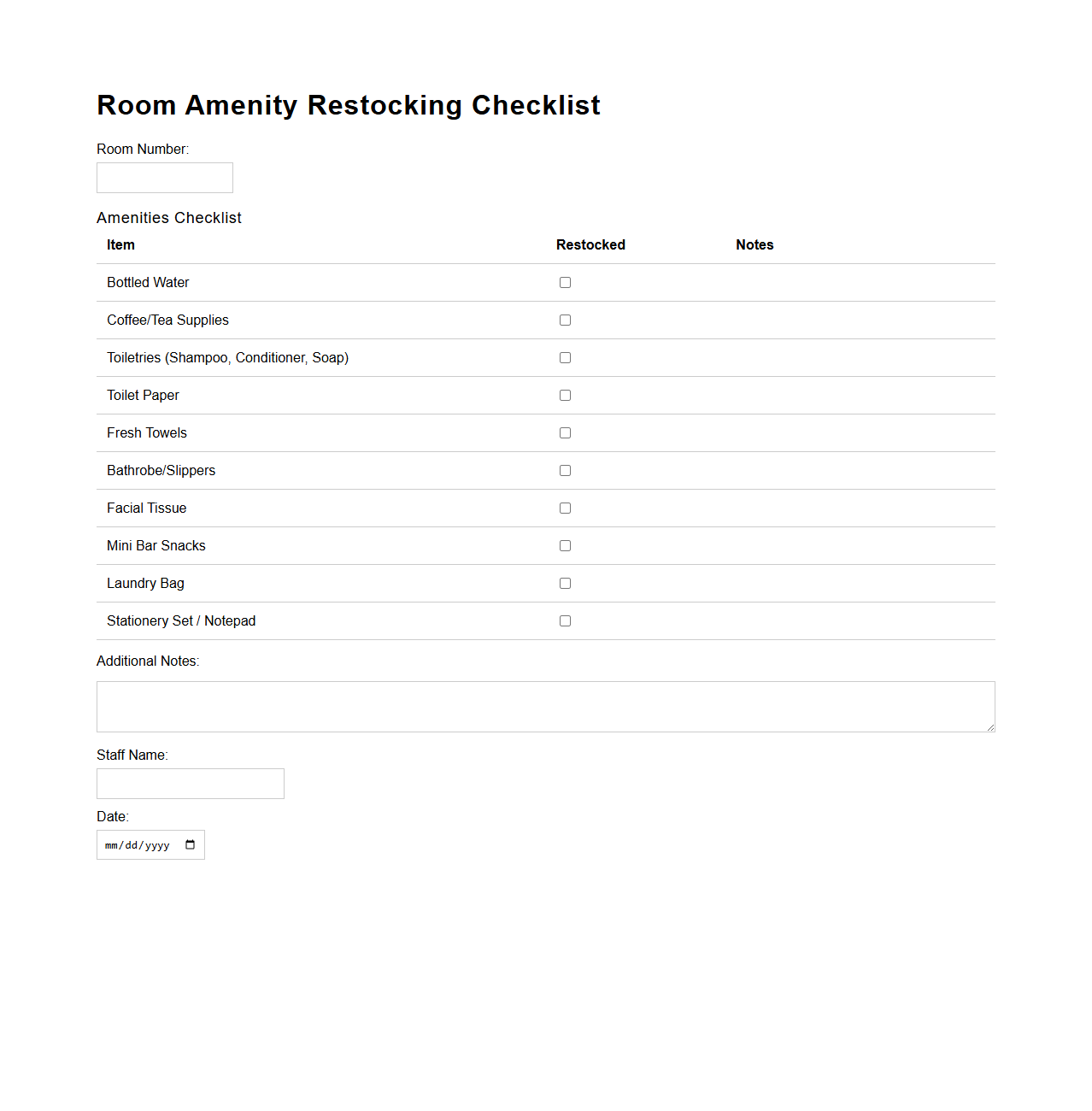 Room Amenity Restocking Checklist