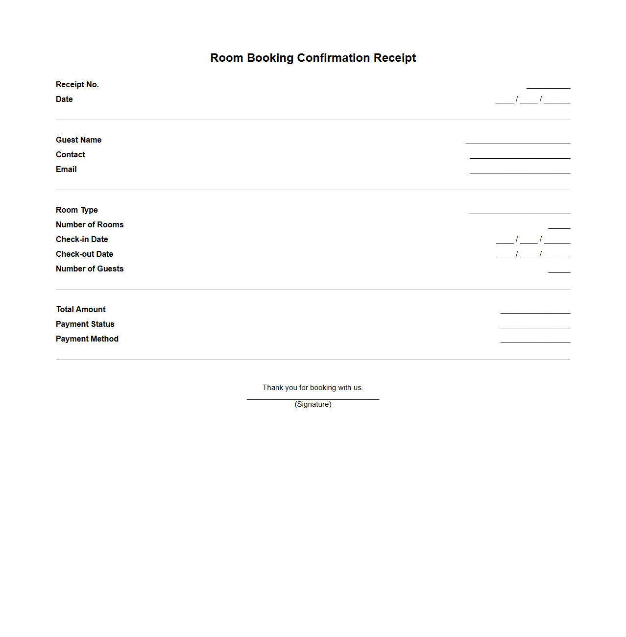 Room Booking Confirmation Receipt