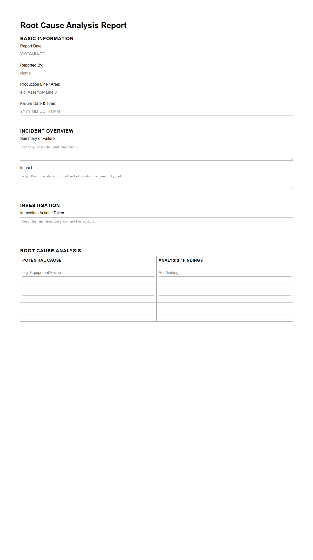 Root Cause Analysis Report Template for Production Line Failures