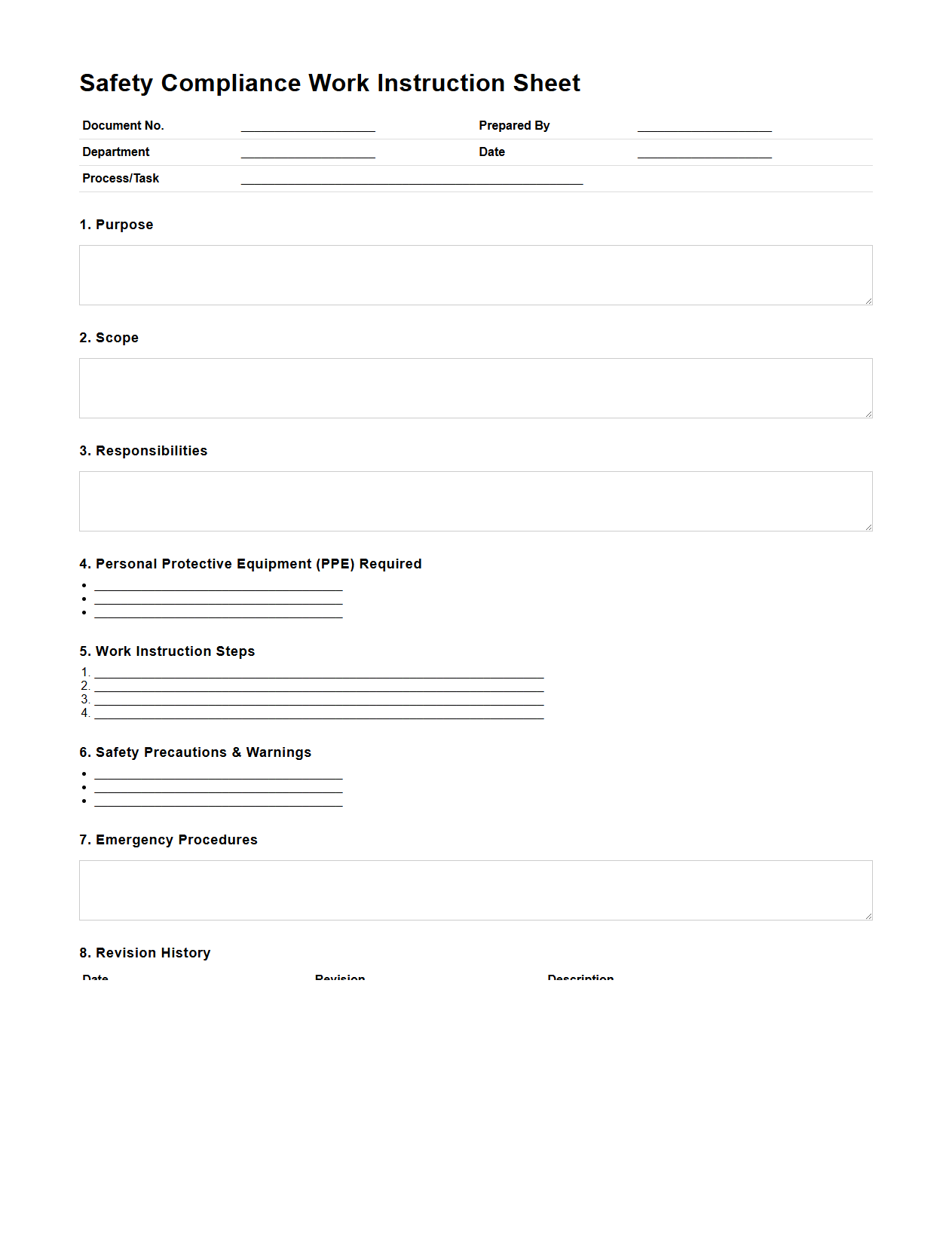 Safety Compliance Work Instruction Sheet