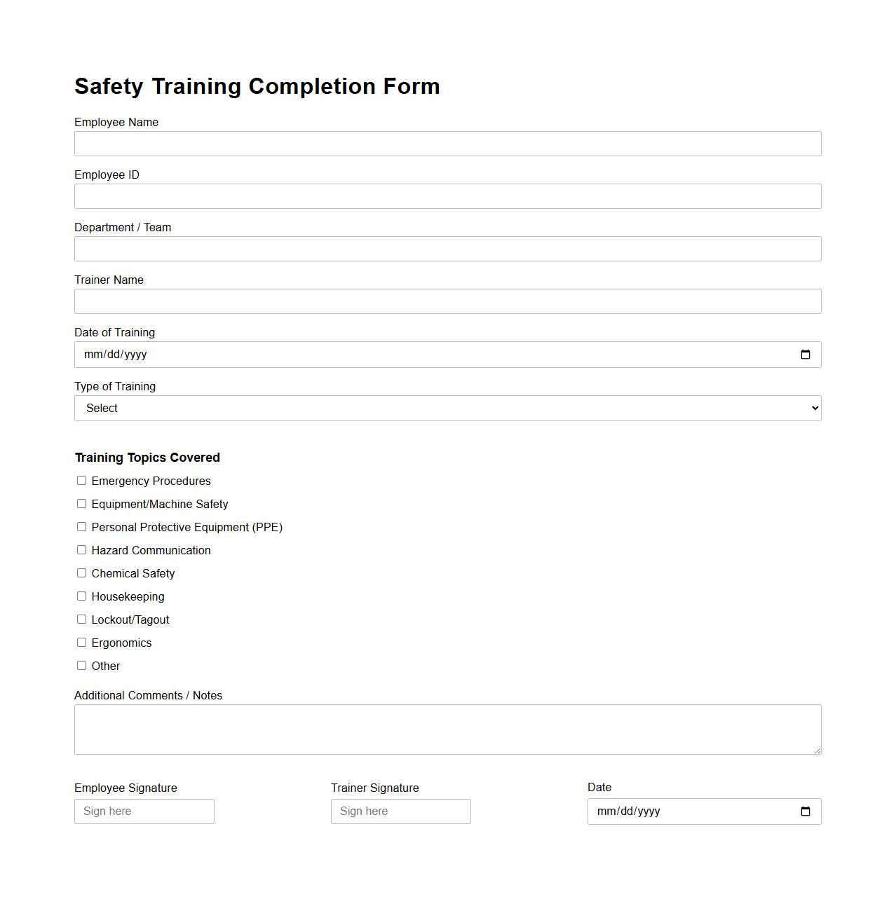 Safety Training Completion Form for Manufacturing Team