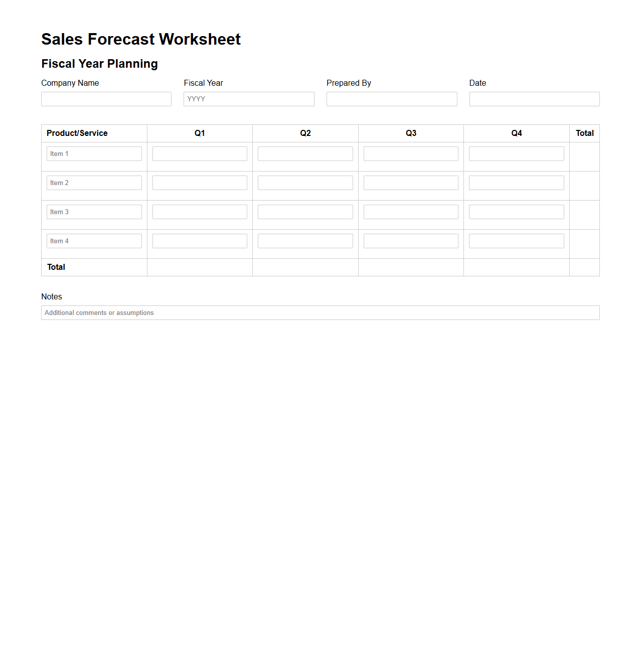 Sales Forecast Worksheet for Fiscal Year Planning
