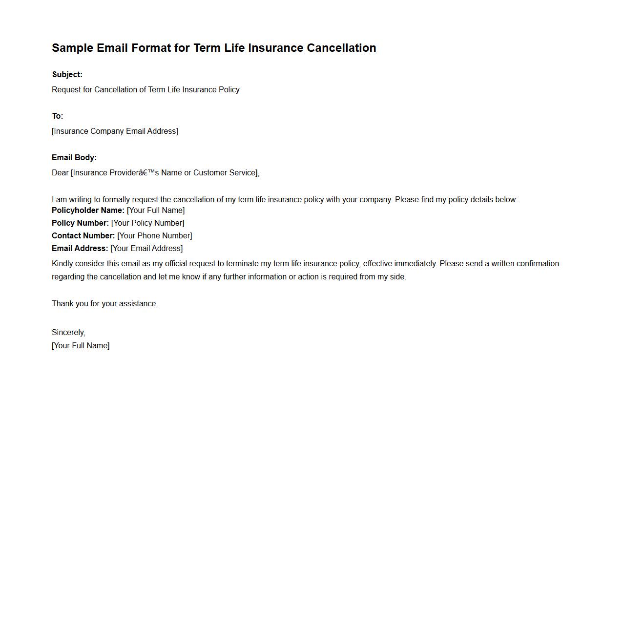 Sample Email Format for Term Life Insurance Cancellation