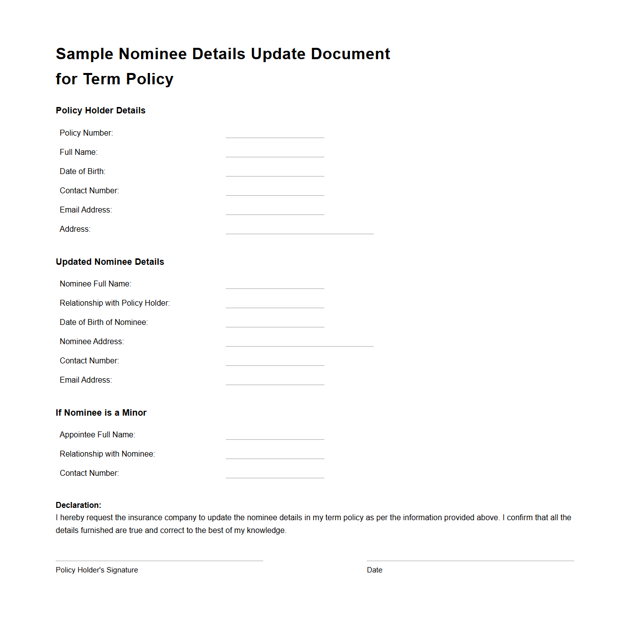 Sample Nominee Details Update Document for Term Policy