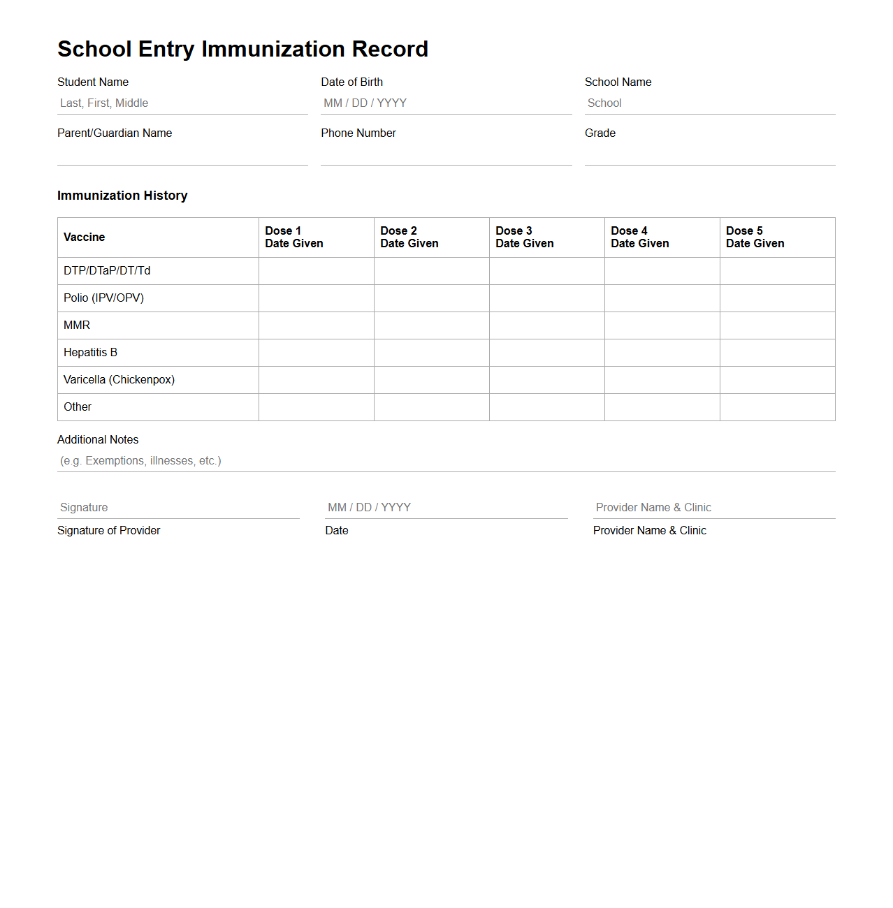 School Entry Immunization Record Sample