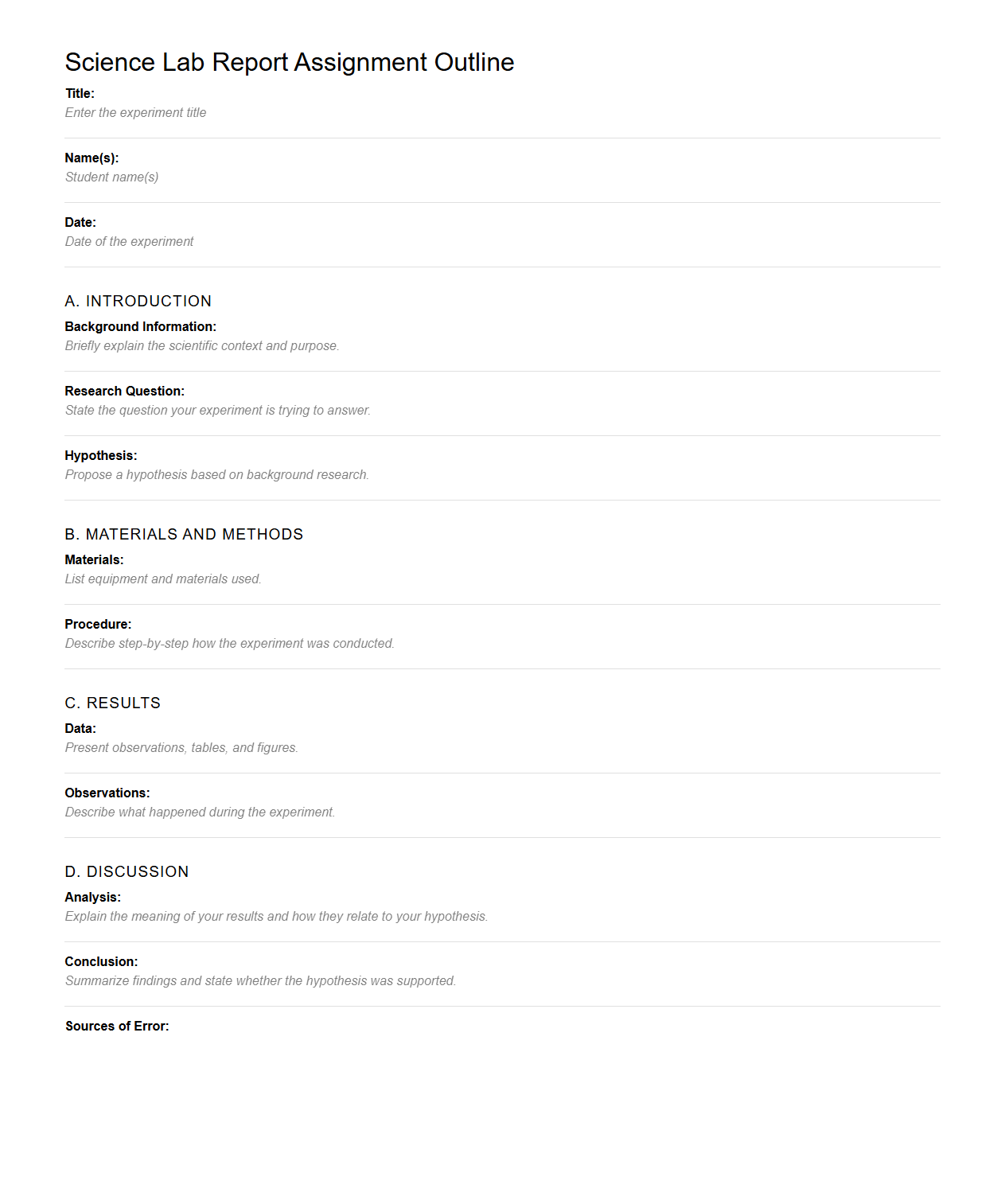 Science Lab Report Assignment Outline for Secondary Education
