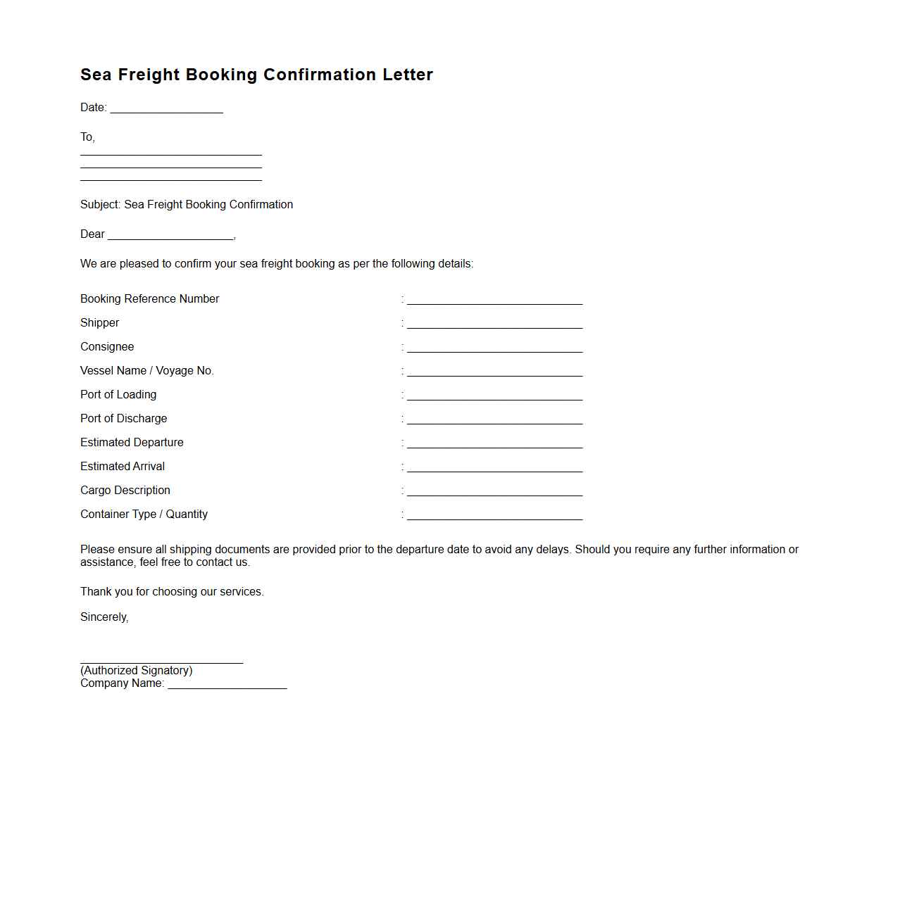 Sea Freight Booking Confirmation Letter Sample