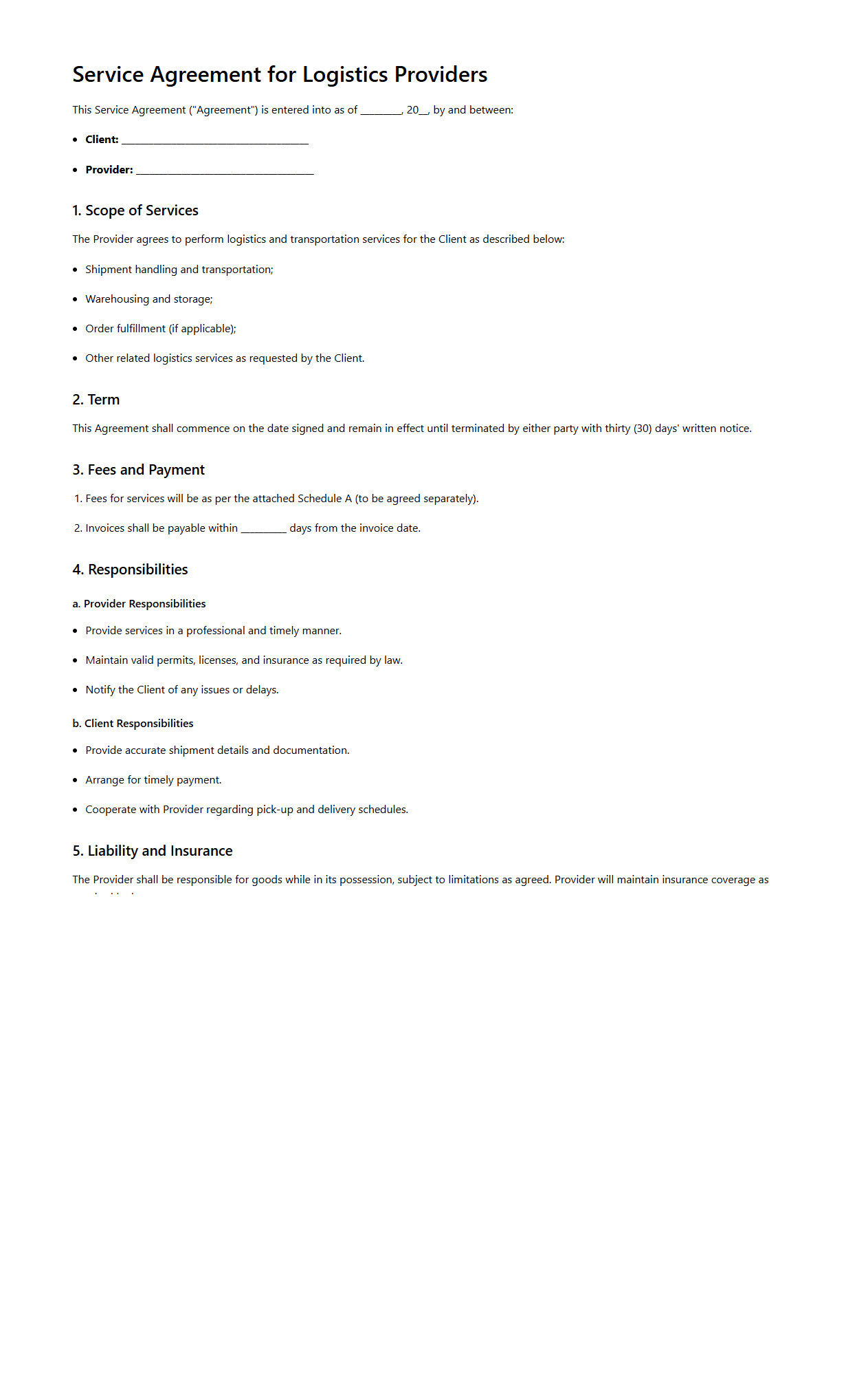 Service Agreement Example for Logistics Providers
