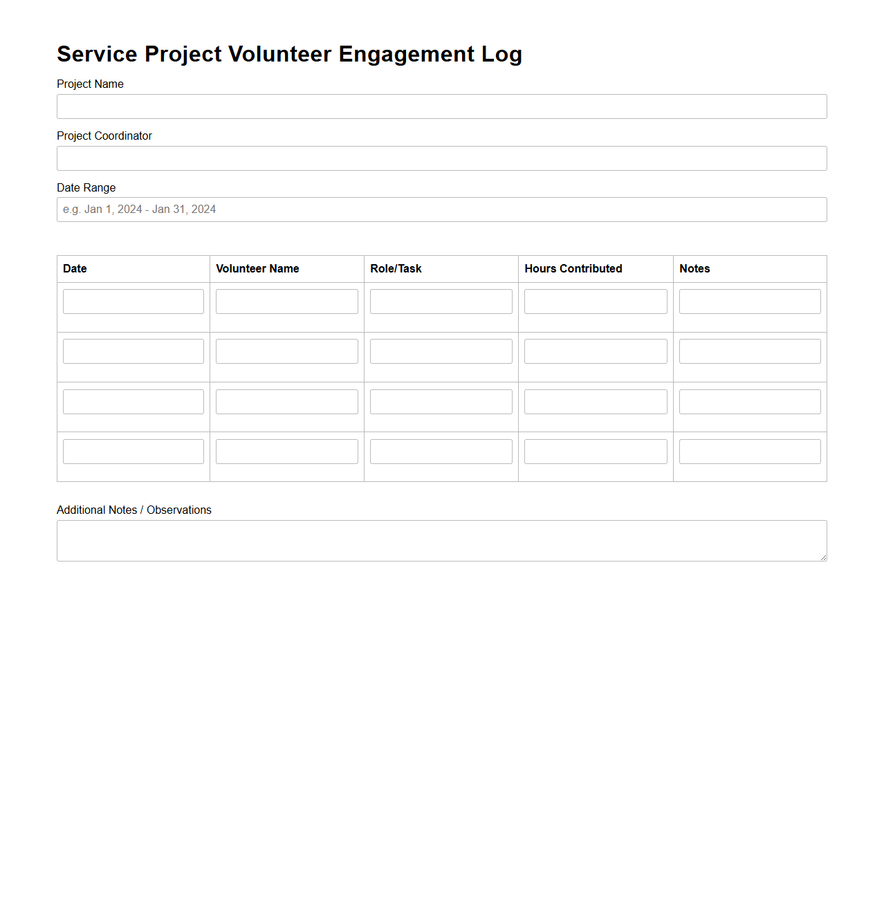 Service Project Volunteer Engagement Log