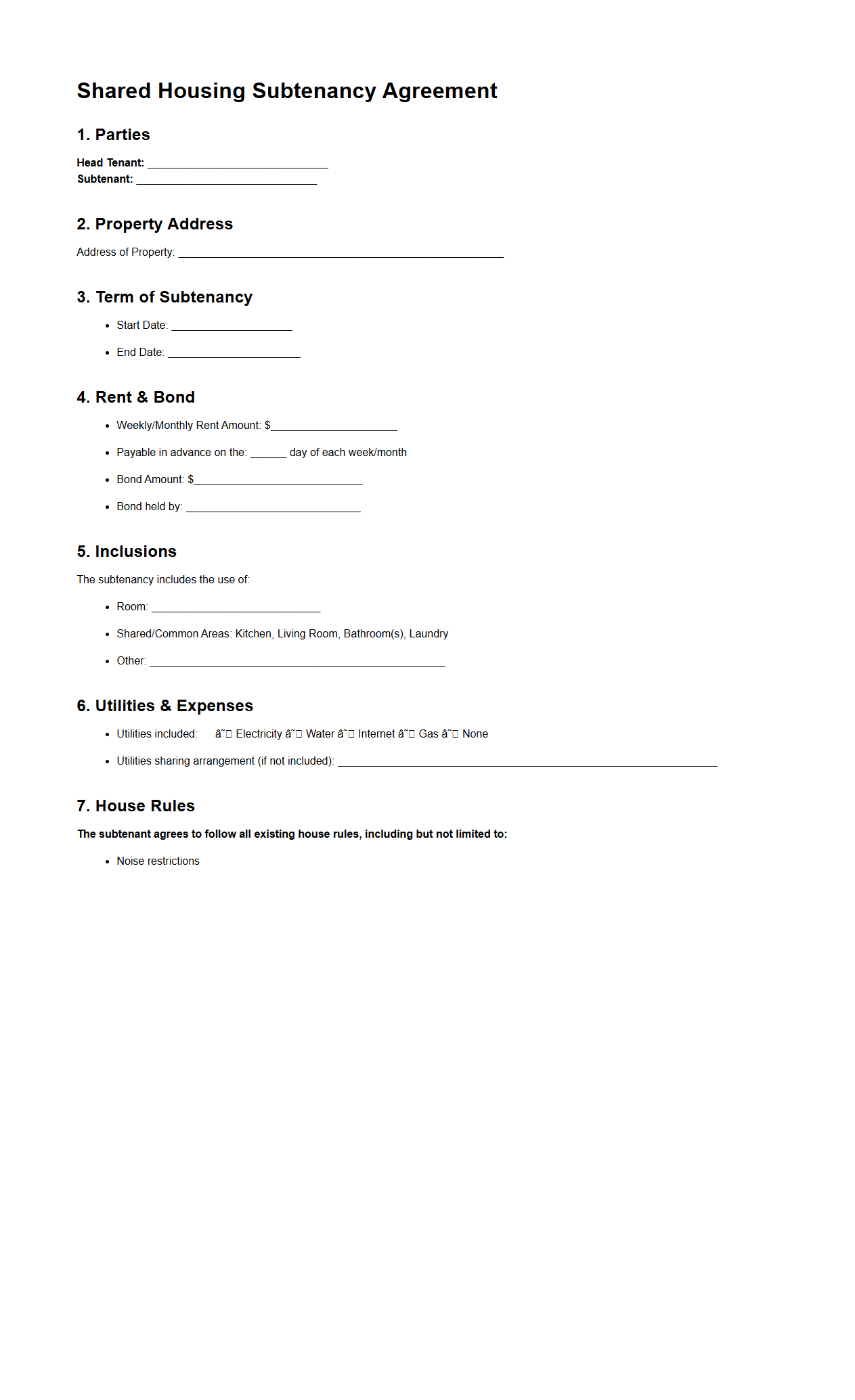 Shared Housing Subtenancy Agreement Example