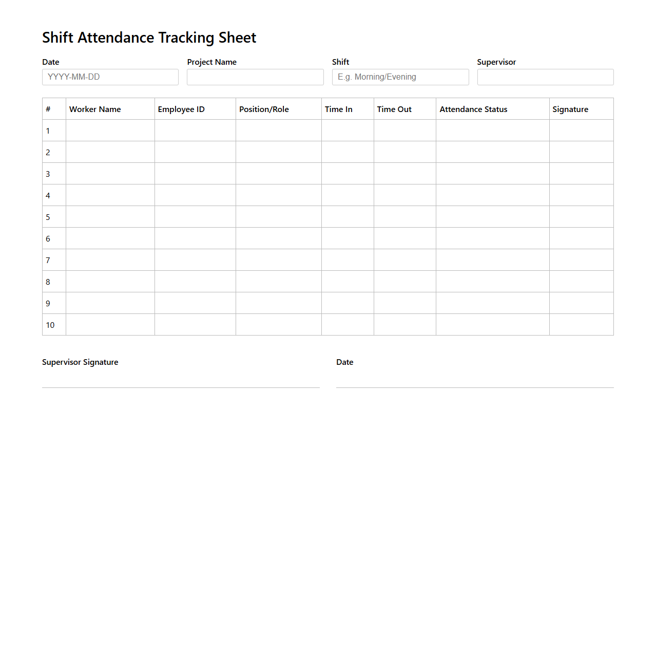 Shift Attendance Tracking Sheet for Construction Teams