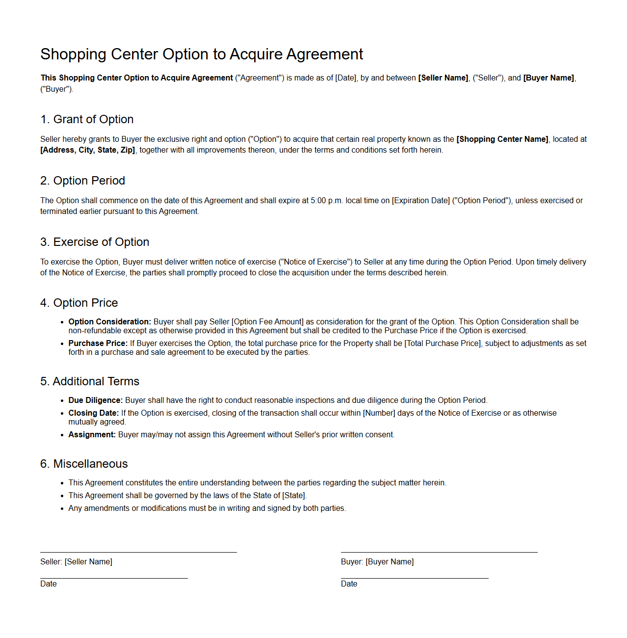 Shopping Center Option to Acquire Agreement Sample