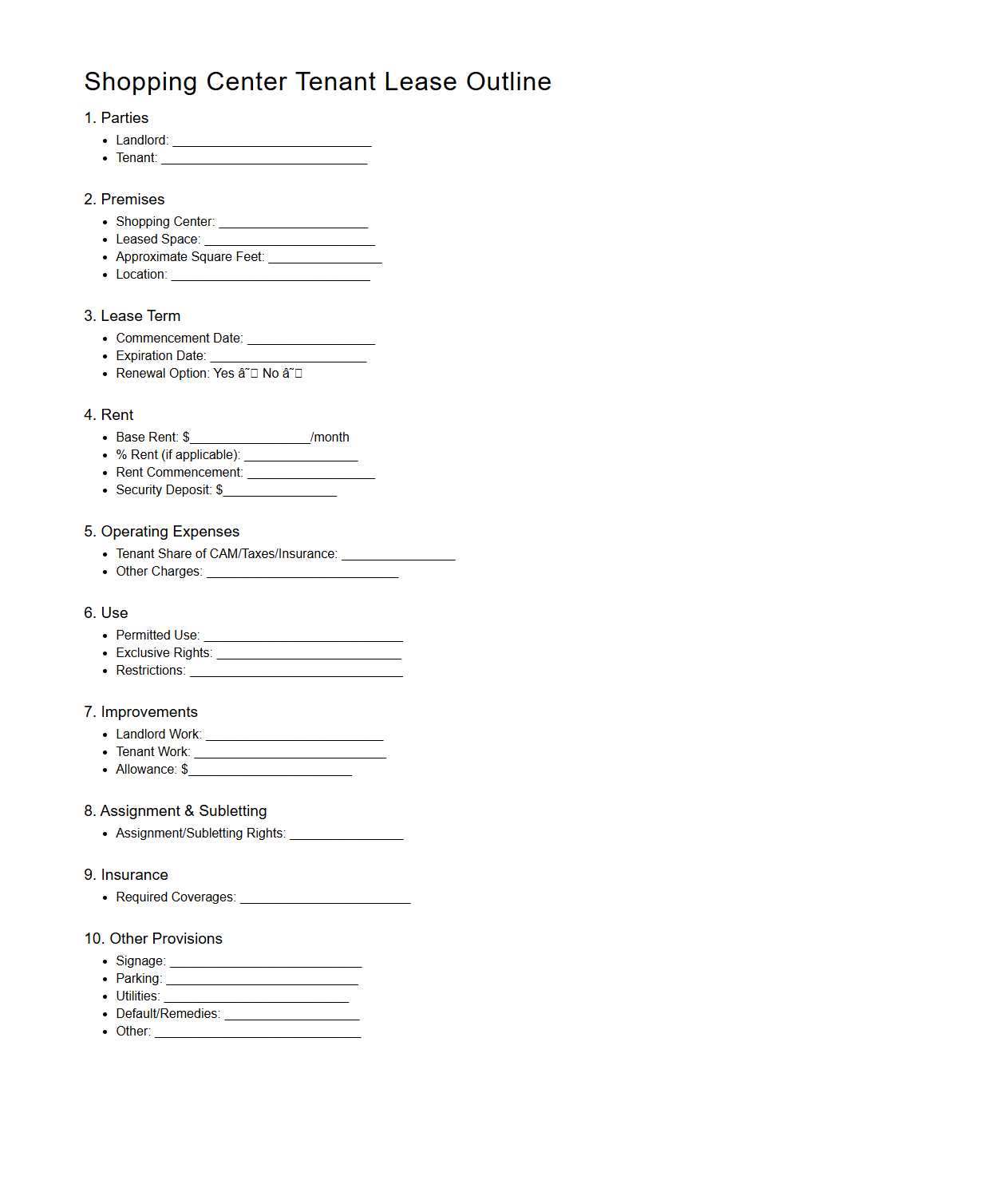 Shopping Center Tenant Lease Outline