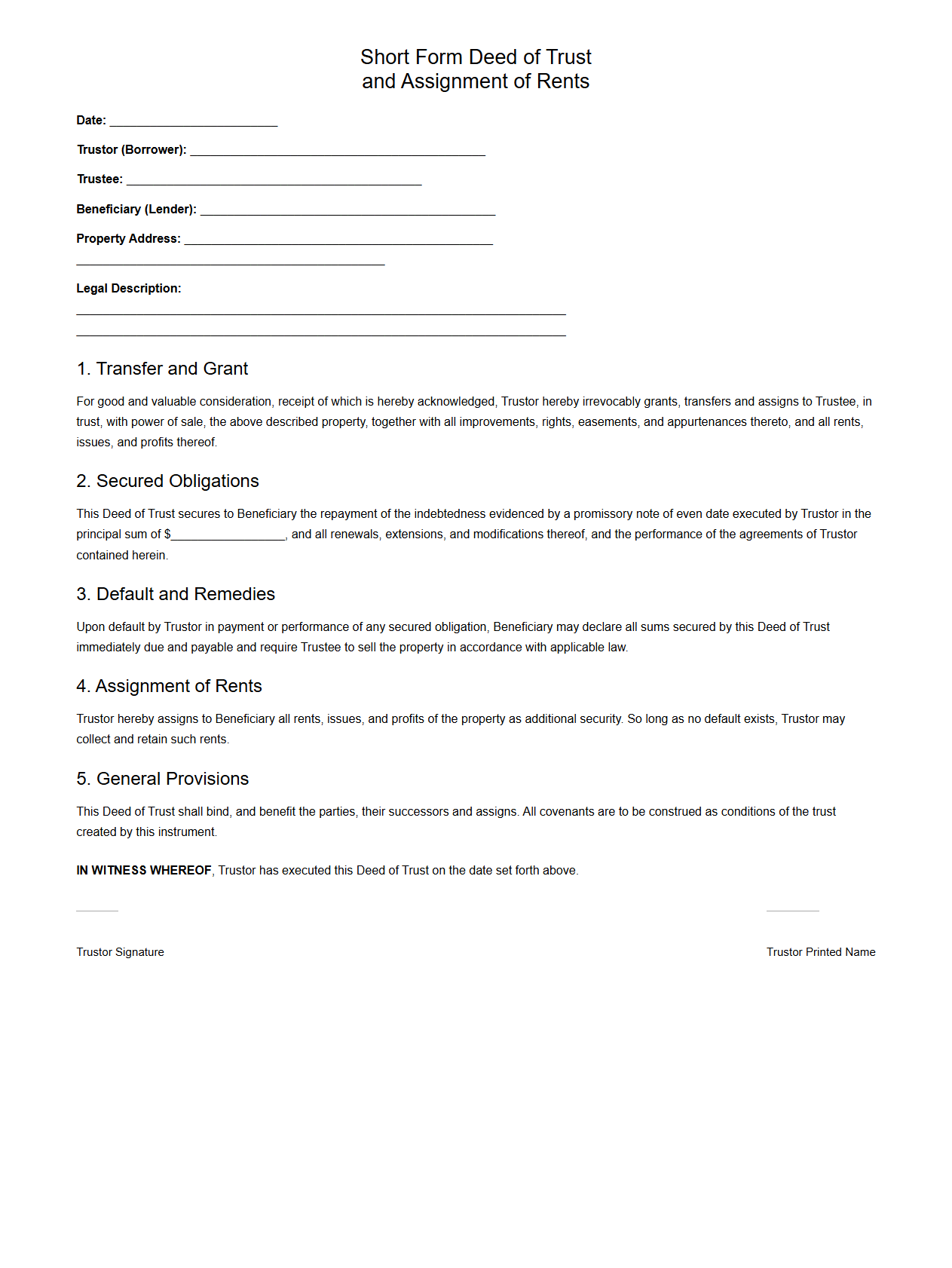 Short Form Deed of Trust for Real Estate Loans