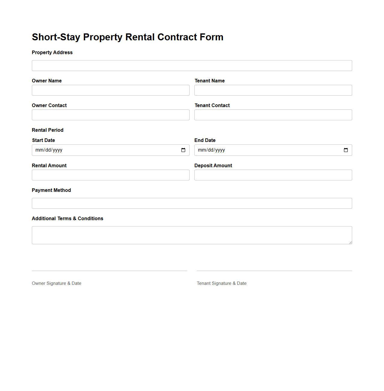 Short-Stay Property Rental Contract Form